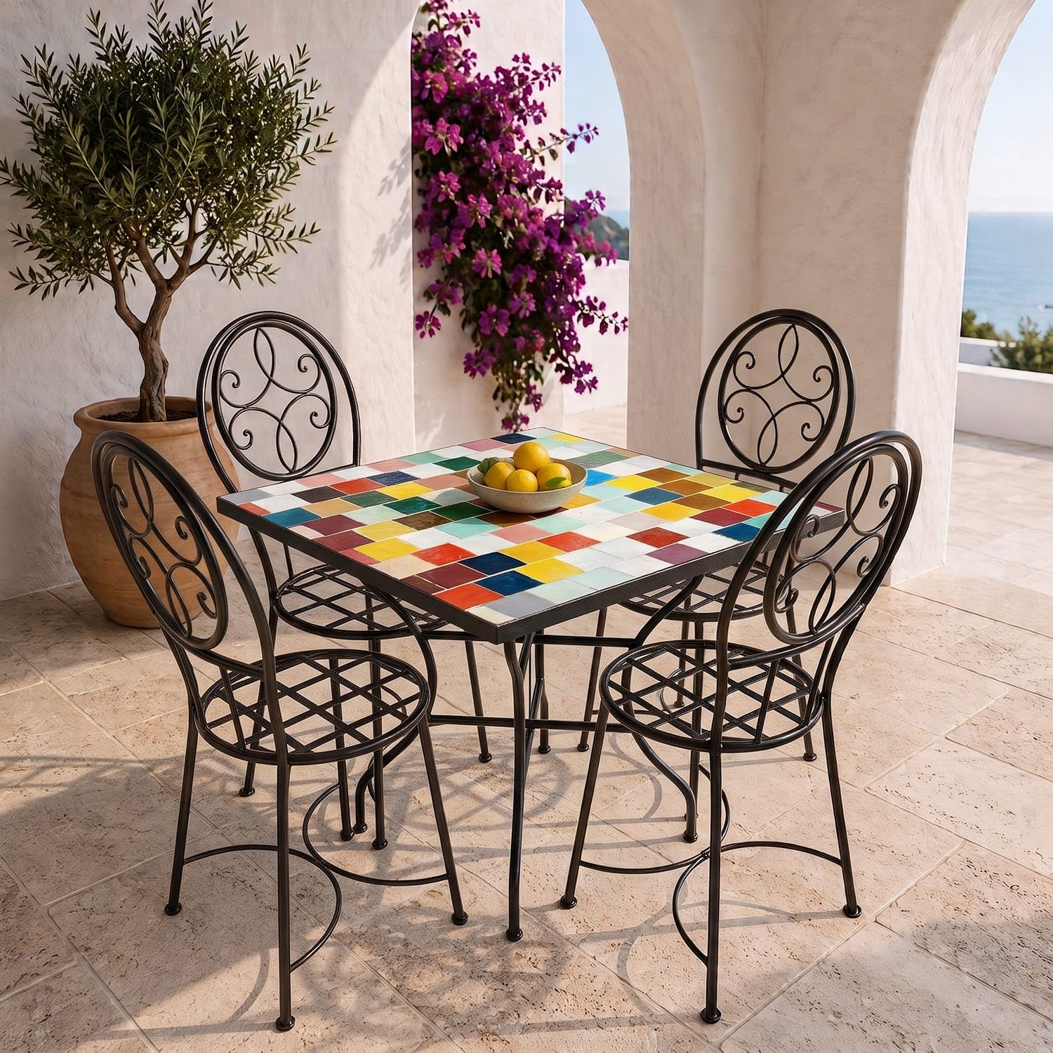 Generico Tavolo in Ferro Battuto con Mosaico Multicolore in Pietra Naturale + 4 Sedie-Fatto a Mano-Arredo Interno ed Esterno-2306261202