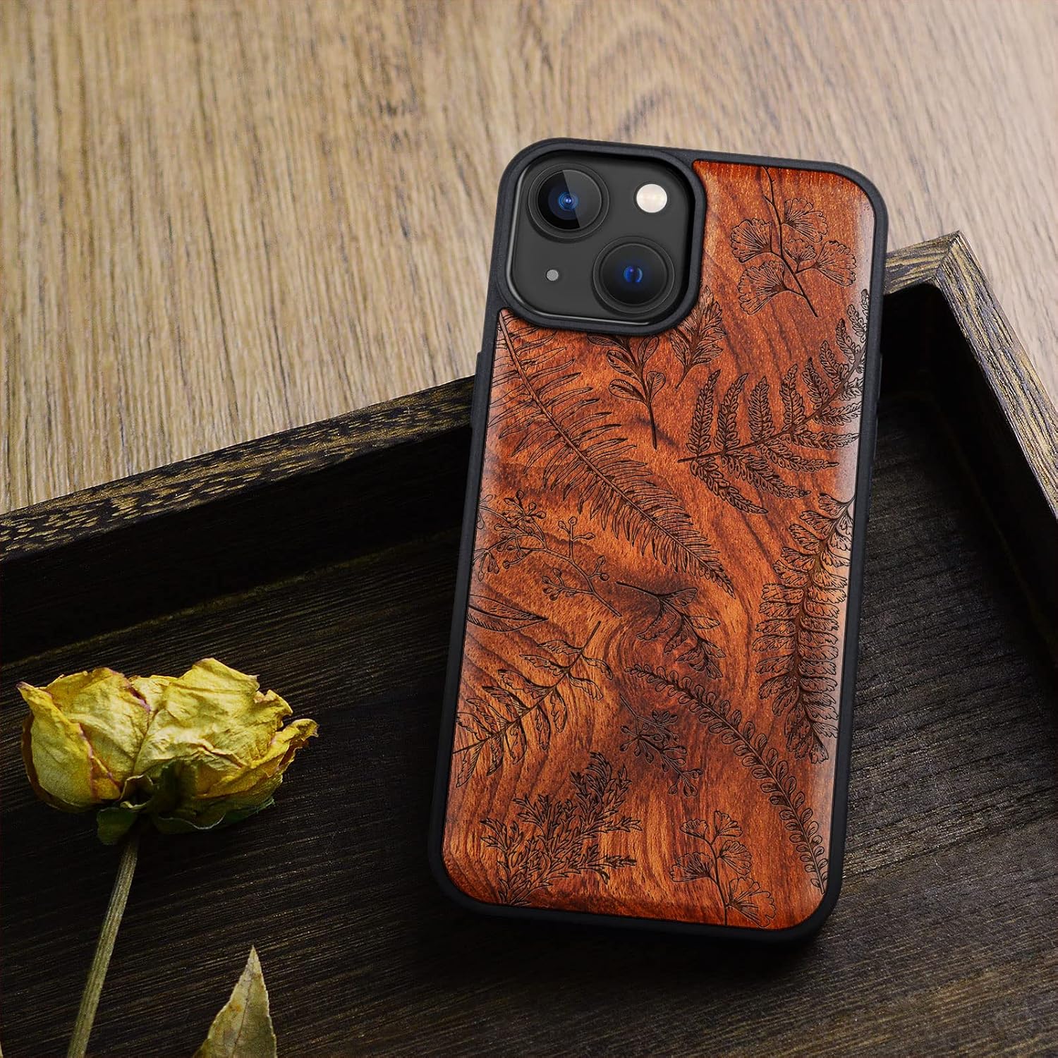 Carveit Magnetic Wood Case for iPhone 14 Case [Natural Wood & Black Soft TPU] Shockproof Protective Cover Unique Wooden Case Compatible with magsafe (Fern Leaves & Herbs -Rosy)