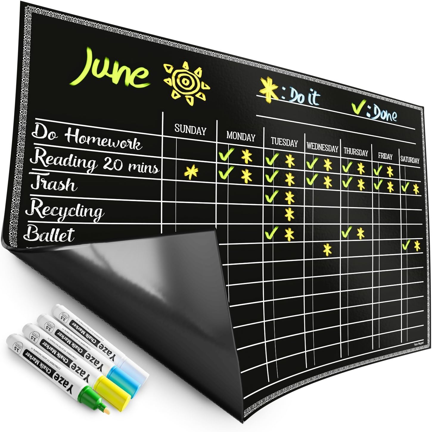 Magnetic Chore Chart for Kids - 4 Chalk Markers - Children’s Dry Erase Chalkboard Calendar for Multiple Household Chores & Responsibilities - Easy-to-Clean Reusable Family Refrigerator Weekly Planner
