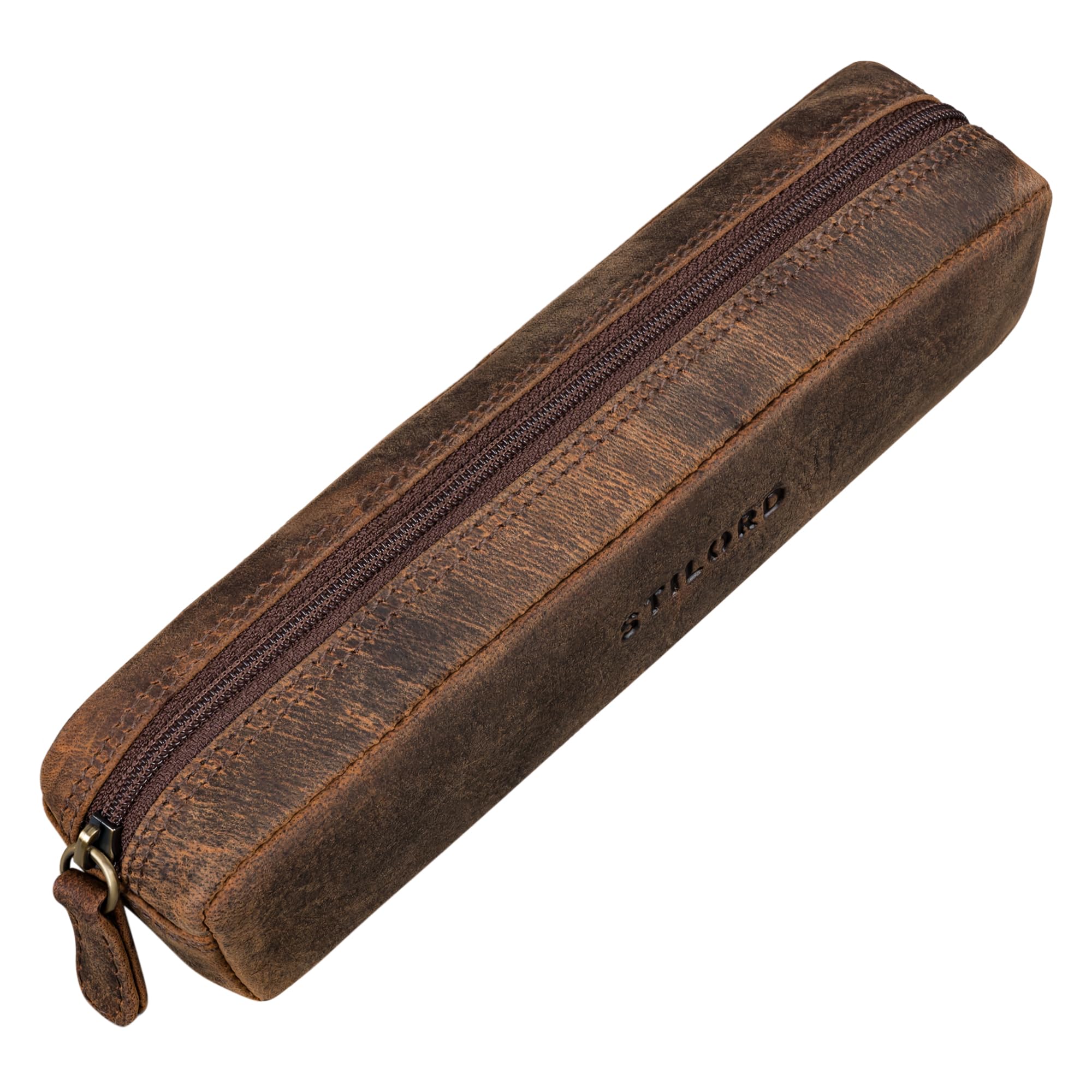 STILORD "Preston" Pencil Case Leather Vintage Pen Pouch Round Organiser Gift for Women Men Stationary Slim in Genuine Leather Colour:Kreta
