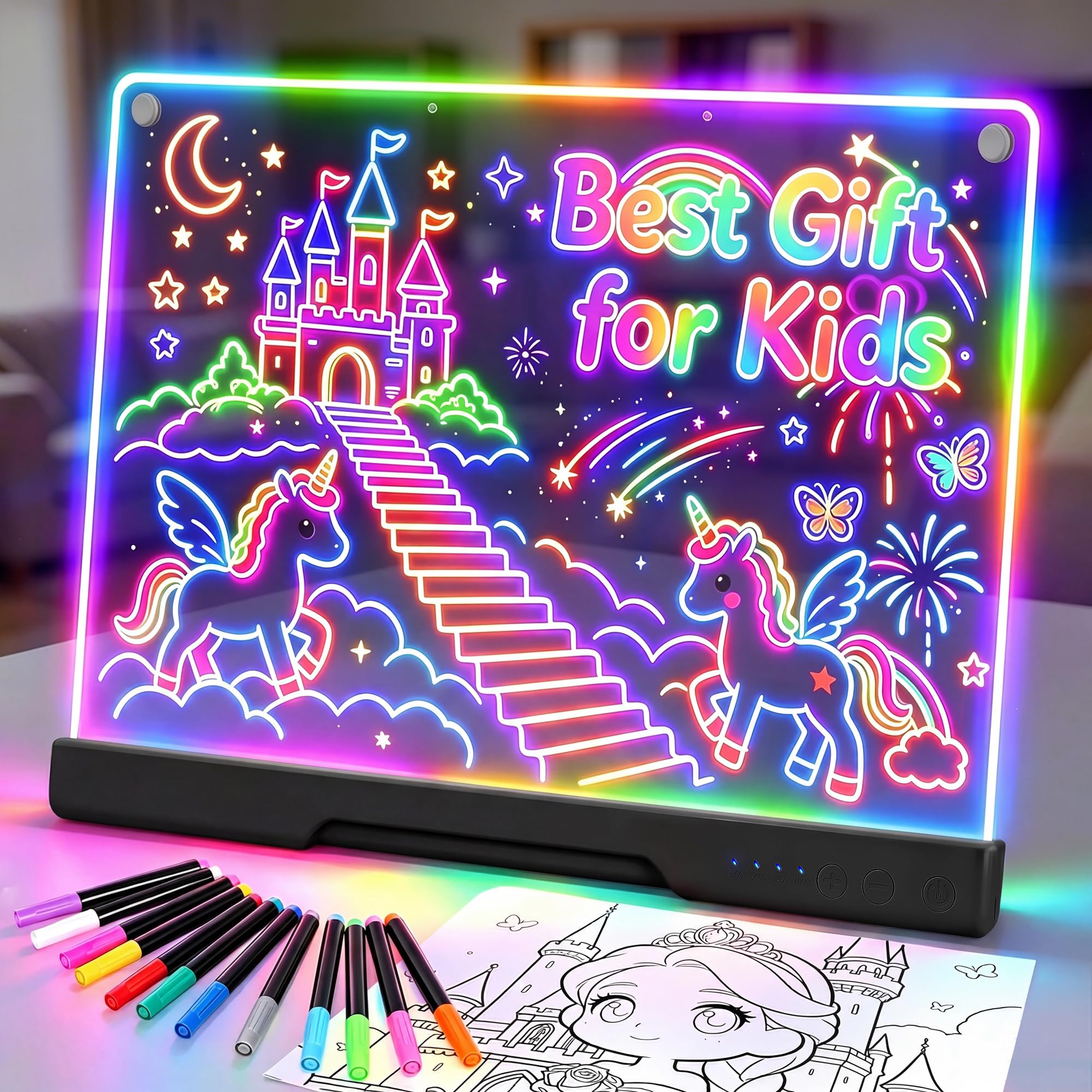 19 Zoll LED Zeichenbrett Kinder, Wiederaufladbare LED Maltafel 40x30cm, Geschenk Jungen 3 4 5 6 7 8 9 10 Jahre Spielzeug ab 3-10 Jahre Jungen, Doodle Notiztafel mit 7 Farbmodi, 12 Stiften, Schwarz