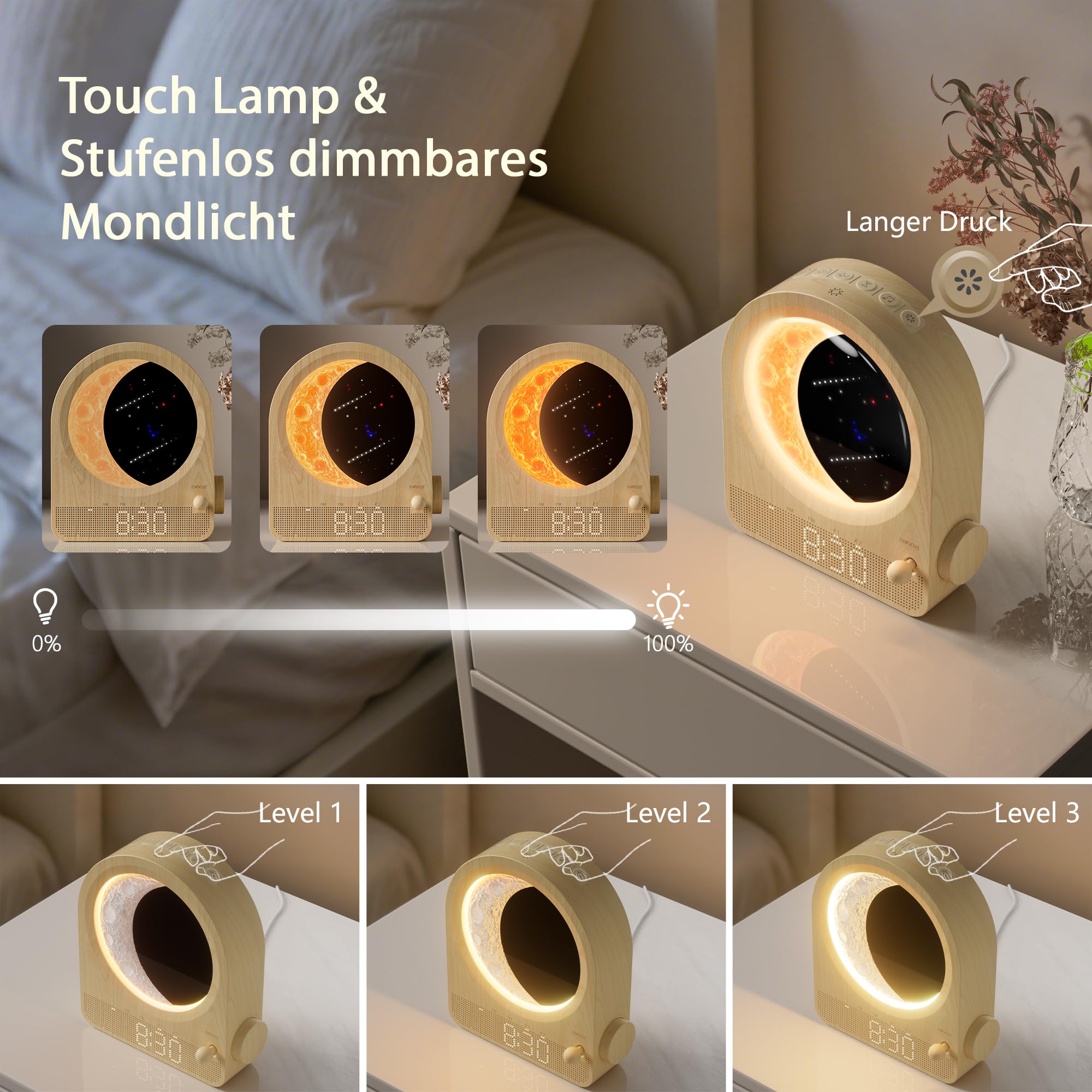 blonbar Wecker & Mondlampe kombinieren,3 Stufige Helligkeit Nachtlicht Nachttischlampe mit Tageslicht, Lichtwecker,Wake-up Light, 10 natürliche Klänge,Dimmbarem Nachtlicht,Ideal für Schlafzimmer