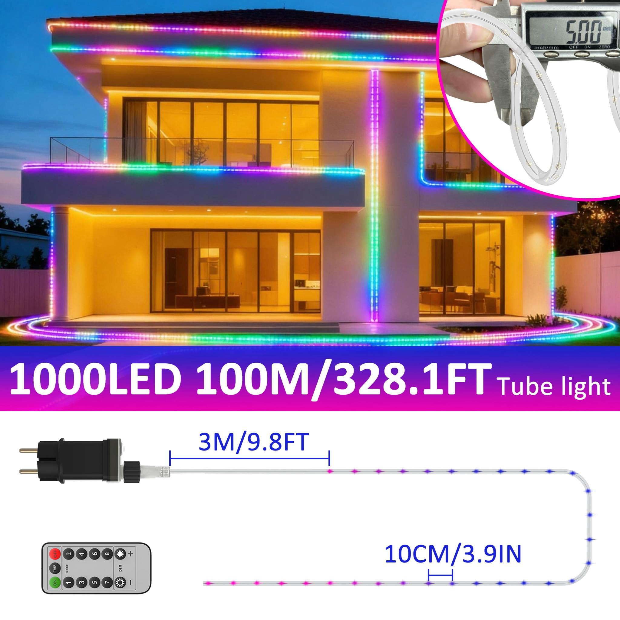 Froadp 100m Lichterschlauch 1000 LEDs mit Fernbedienung Lichtschlauch Weihnachtsbeleuchtung, 8 Lichtmodi, IP44 Außenbeleuchtung und Innenbeleuchtung bunt für Weihnachten, Party, Garten