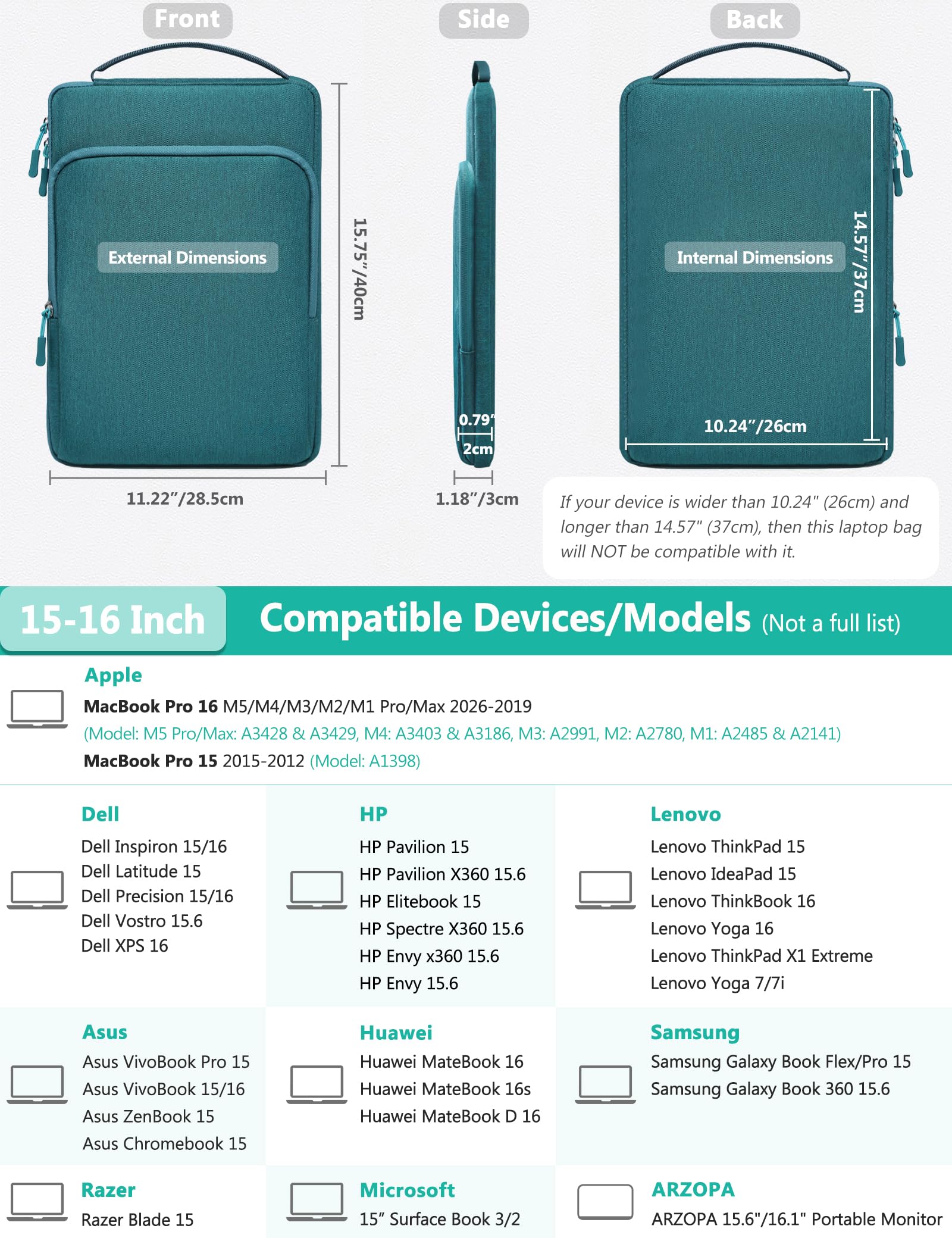 HYZUO 15-16 Pouces Housse pour Ordinateur Portable pour MacBook Pro 16 M5 M4 M3 M2 M1 A3428 A3429 2026-2019, 15" Surface Book, 15" 15,6" Dell HP Lenovo ThinkBook Asus Acer Samsung, Vert Foncé