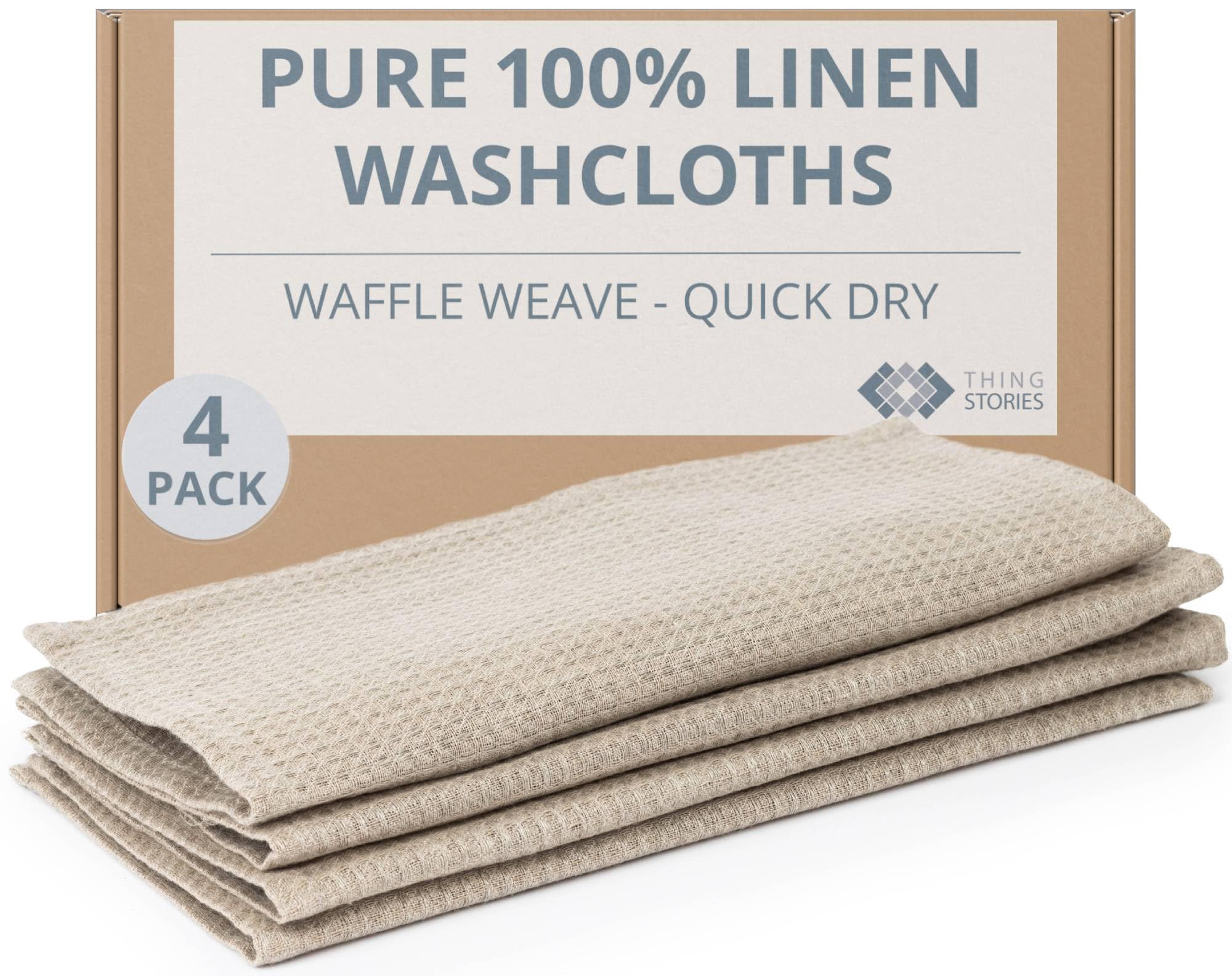 Flax Linen Washcloths for Bathroom - Waffle Washcloths 4-Pack 10x10 inch - Linen Face Cloths - Waffle Weave Cleaning Cloths with Loop - Exfoliating Face Towel for Women