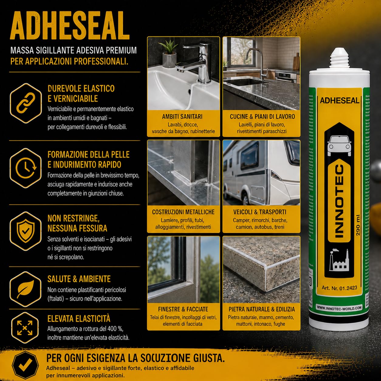 2 pezzi Innotec Adheseal nero adesivo e sigillante a base di polimeri MS – Aderente anche a materiali delicati – Verniciabile bagnato – 290 ml Adheseal sigillante elastico permanente