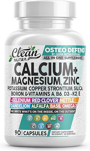 Allin1 - Suplemento de calcio y magnesio y zinc con potasio, cobre, estroncio, sílice, vitamina D3 K2, boro, vitamina B1 B12, trébol rojo, hierba,