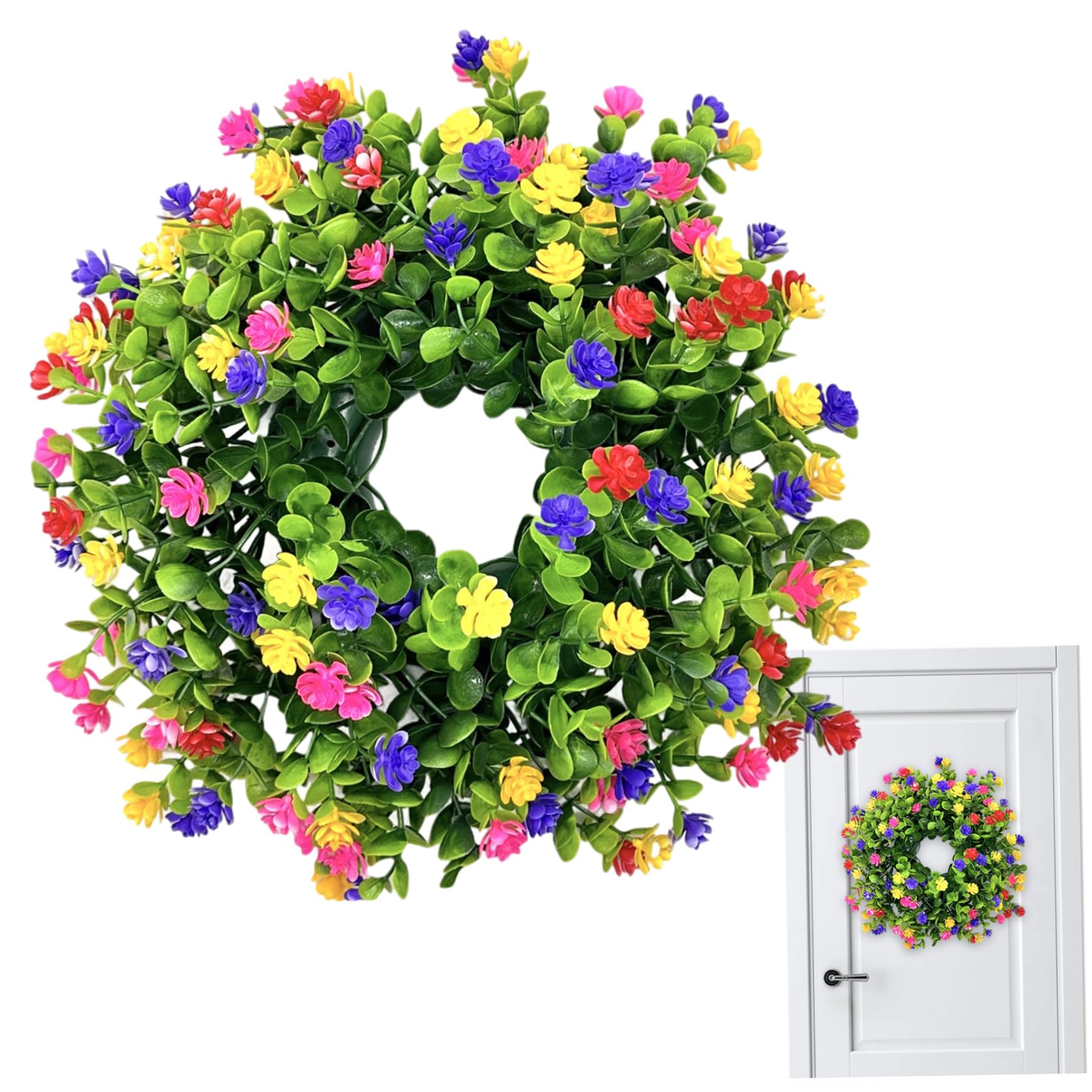 Gcroet Floral Wreath, 33cm Colorful Summer Wreath with Artificial Eucalyptus and Flowers for Front Door, All Season, Outdoor Indoor Decor..