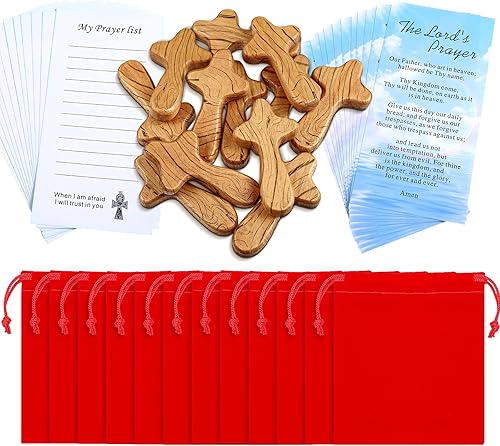 Juego de 12 cruces pequeñas de madera de 4 pulgadas, cruces de bolsillo de Pascua de mano con bolsillo de terciopelo rojo y certificados, regalo de