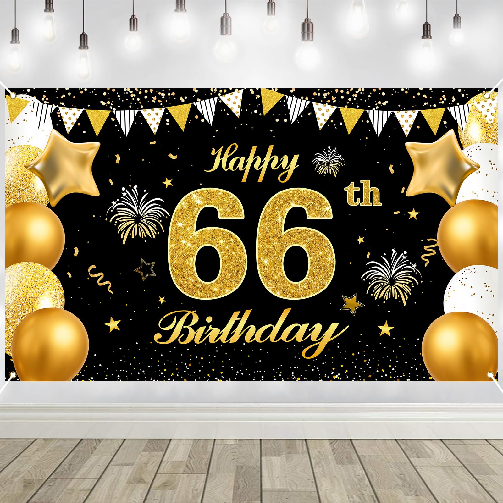 66th Birthday Decorations Banner Gold Black Happy Birthday Door Banner for Party Photo Backdrop for Men Women Home Outdoor Cover Party Decoration Supplies Poster