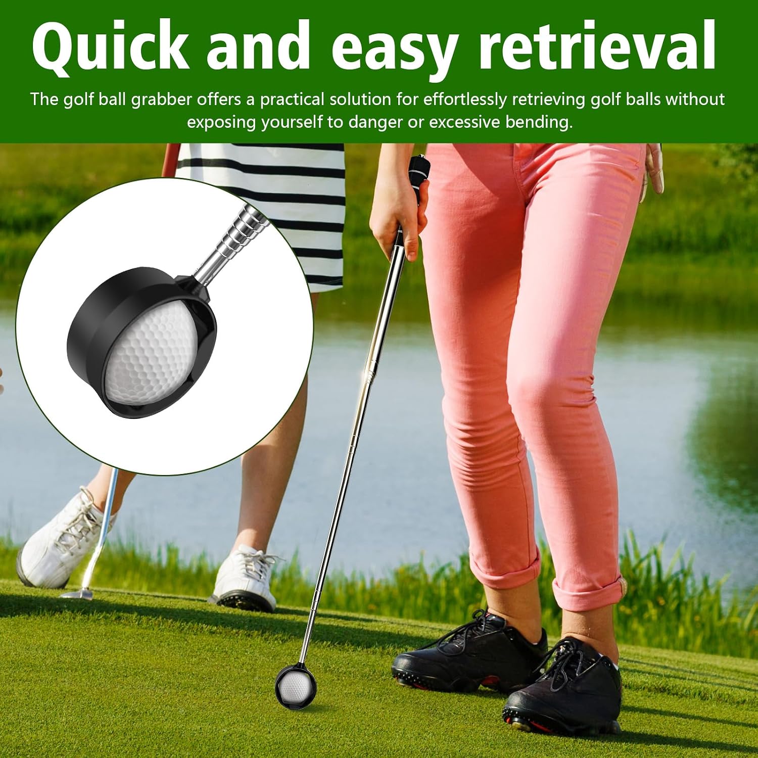 9.5Ft Telescopic Golf Ball Retriever - Stainless Steel Ball Grabber with Dual-Sided Head and Non-Slip Rubber Handle, Portable Golf Accessory for Water Hazards, Sand Traps & Tall Grass
