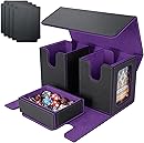 AFIING MTG Commander Card Storage Box - Fits 200 Double Sleeved Cards,3-in-1Card Deck Case,Strong Magnet Card Organizer For Magic Commander TCG CCG,4Dividers &2 Toploaders, Black/Purple