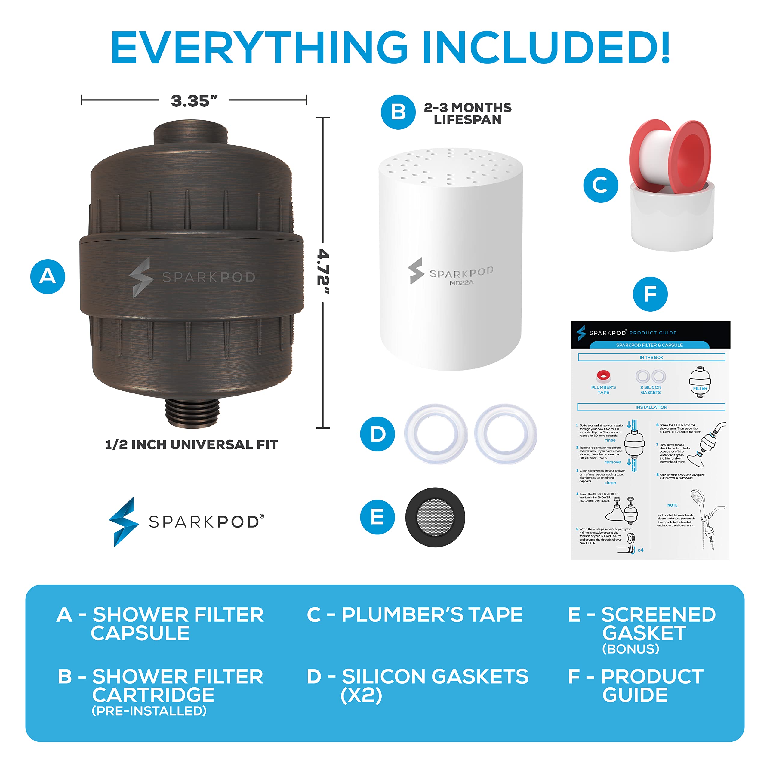 SparkPod Filtro per soffione doccia a 23 fasi per capelli secchi e pelle – Filtri doccia universali ad alto rendimento per rimuovere sostanze chimiche tossiche, cloro e metalli pesanti (bronzo