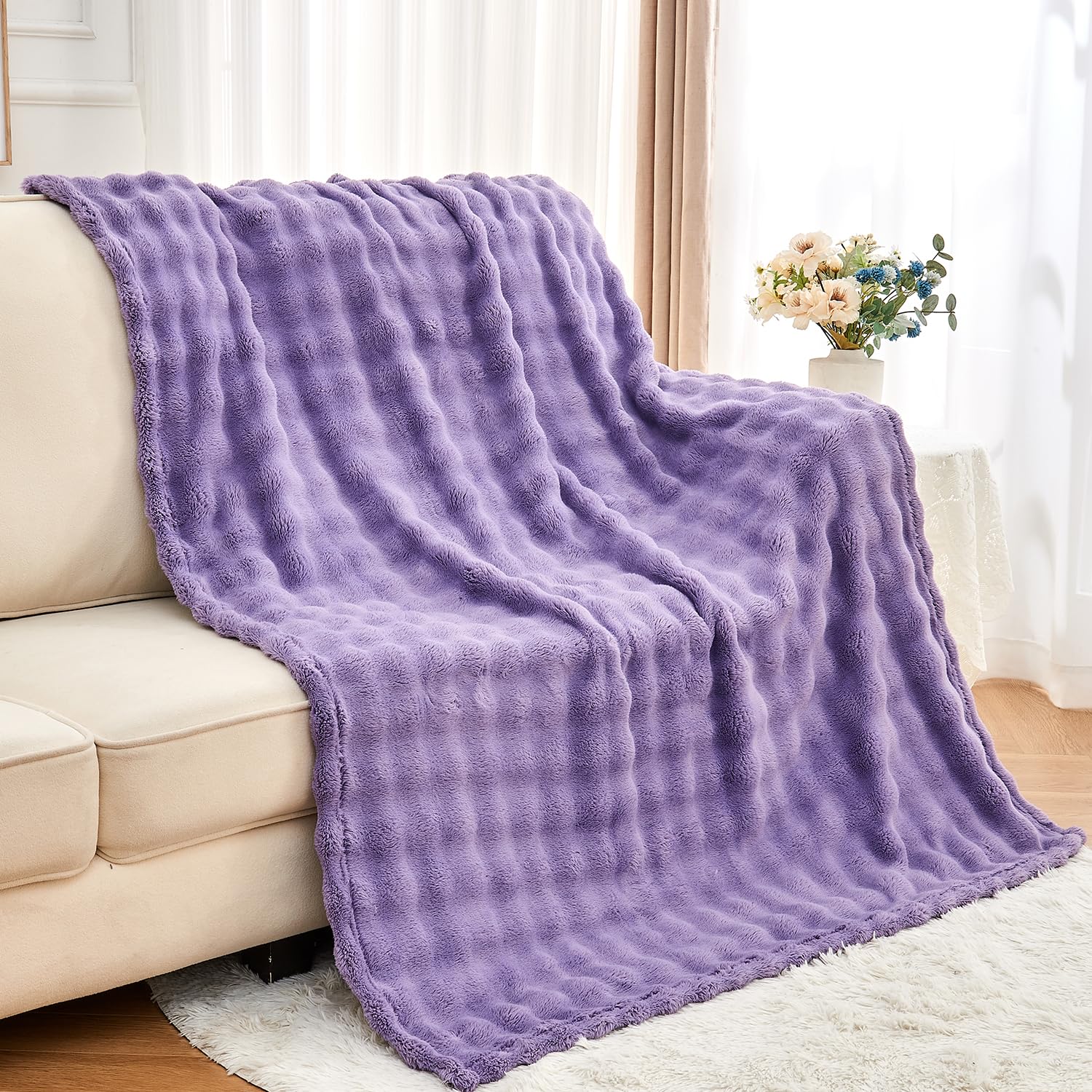 Wajade Fleece Throw Blanket Bubble Faux Fur Fluffy Bed Blanket Super Cosy Warm Large Blanket for Bed Sofa Car Lilac 153x203CM - Image 3