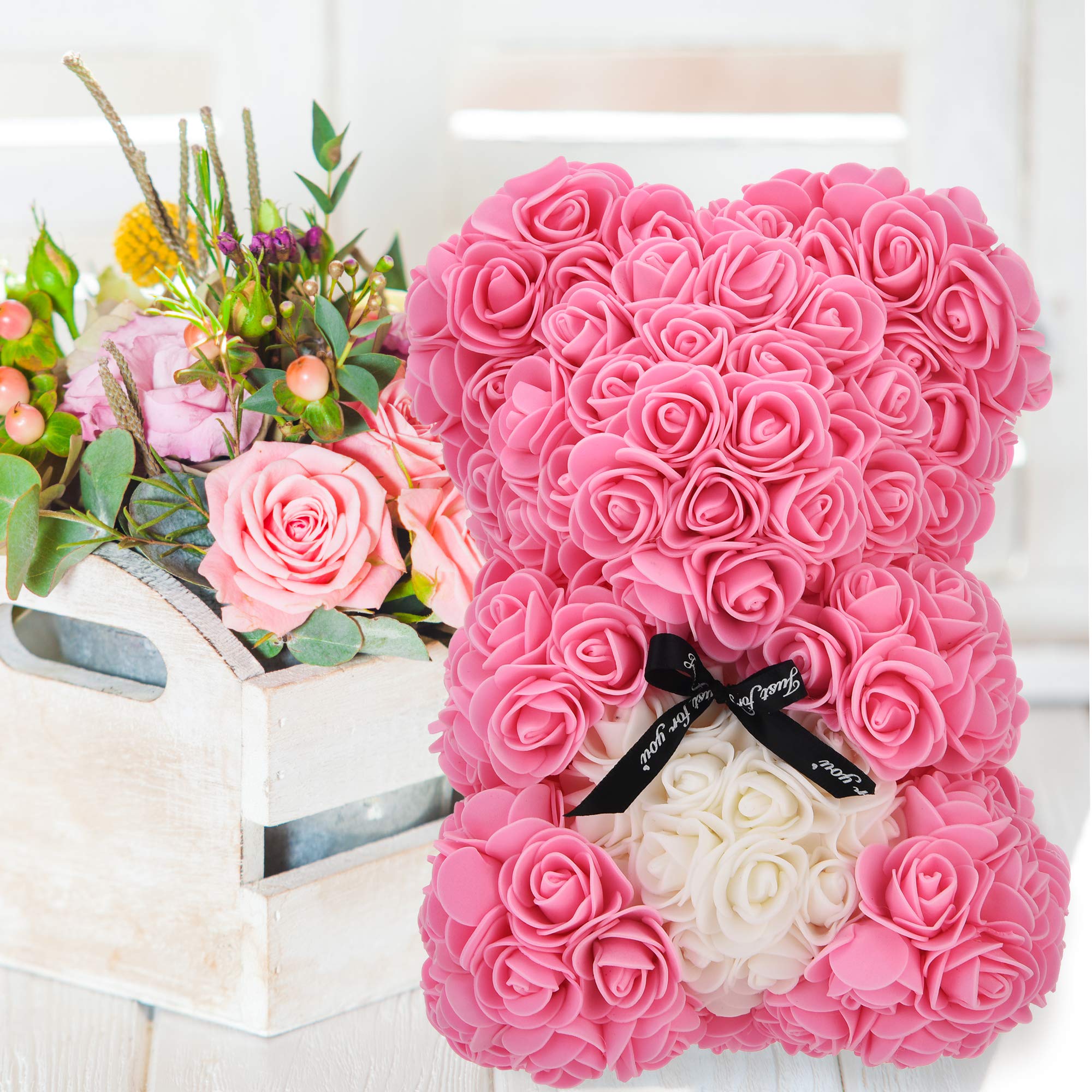 Rosenbär 25cm - Teddybär Aus Künstlichen Rosen In Pink Mit Geschenkbox