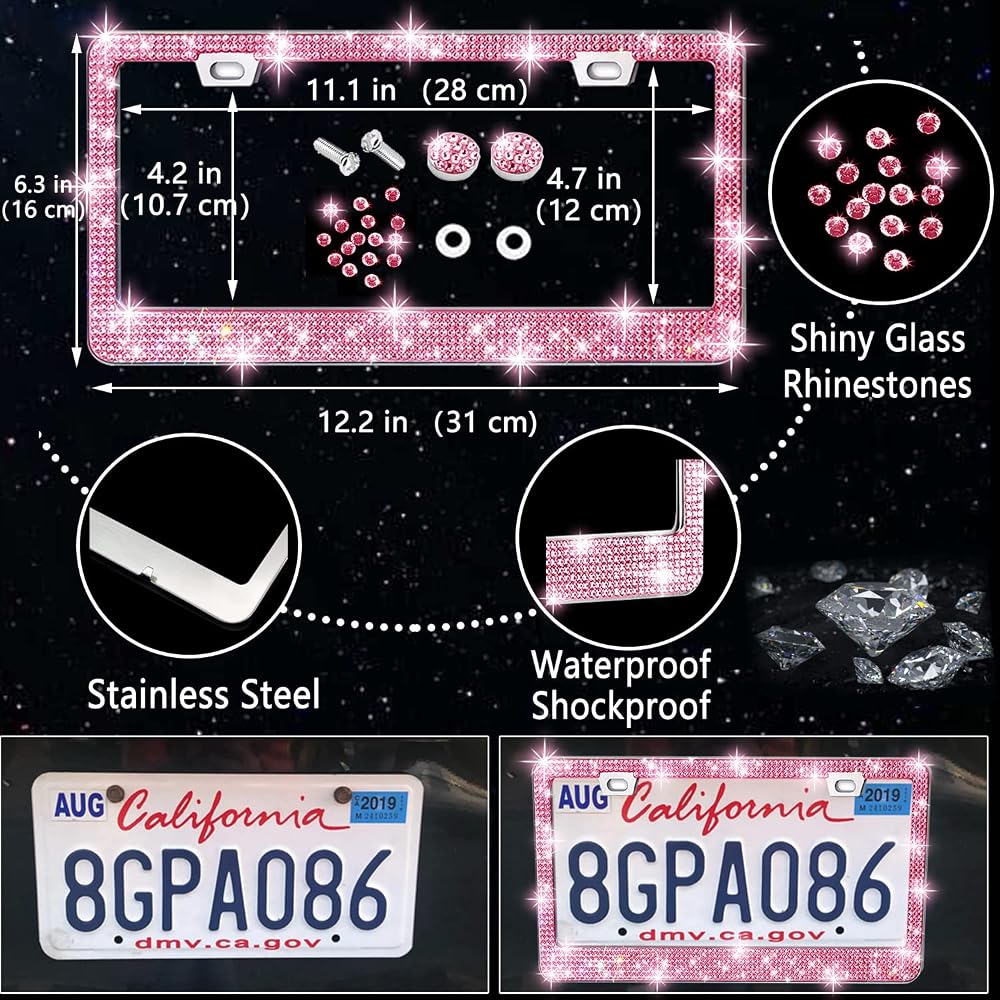 NBTEPEM 27-Piece Bling Car Accessories Set - Universal Fit Steering Wheel Covers, License Plate Frames, Phone Holder, Car Fast Charger, Coasters (Pink)