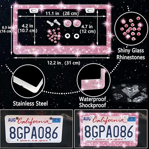 Miniatura 3 de Paquete de 27 accesorios brillantes para automóvil, funda para volante de mujer, ajuste universal de 15 pulgadas, marco de placa brillante, bordes