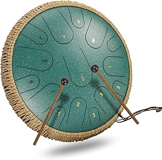 Gohhey Tambor de língua de 15 tons, 35,5 cm, Tambor Essencial, Tambor de Mão em D, com Baquilha, Bolsa de Música Inglesa, Instrumento de Sucção para Meditação, Ioga, Verde Estrela