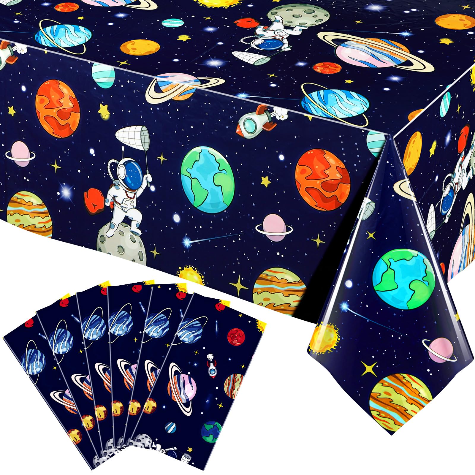 Oudain 6 Pcs Space Tablecloth Decorations Plastic Galaxy Table Cloth Space Theme Birthday Party Supplies for Boy Spaceship Planet Astronaut Rockets