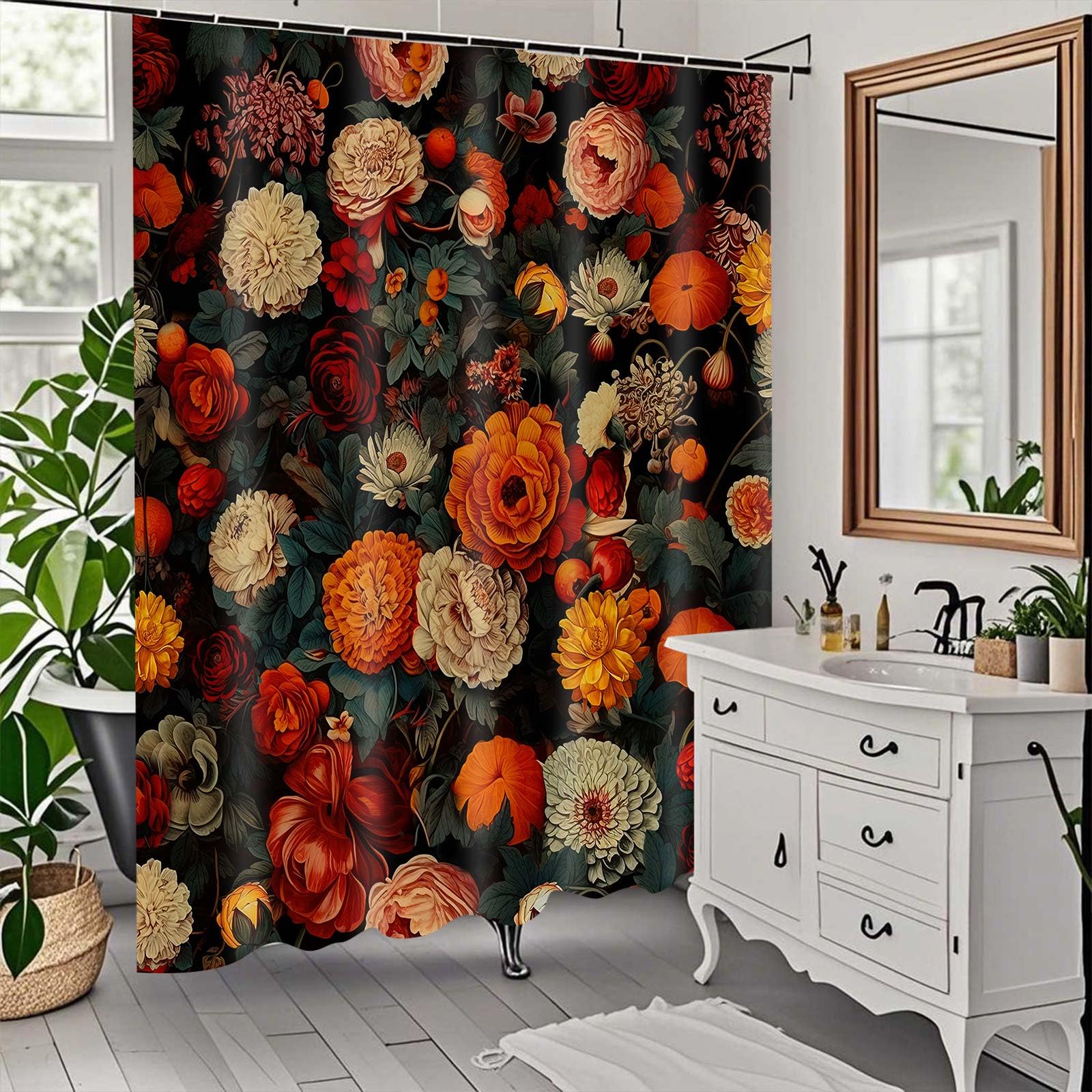 Drgilau Vintage Floral Shower Curtain for Bathroom, Black Boho Floral Shower Curtain Farmhouse Flowers Bathroom Curtains Bohemian Flower Waterproof Bath Curtains with 12 Hooks, 72X72 Inch