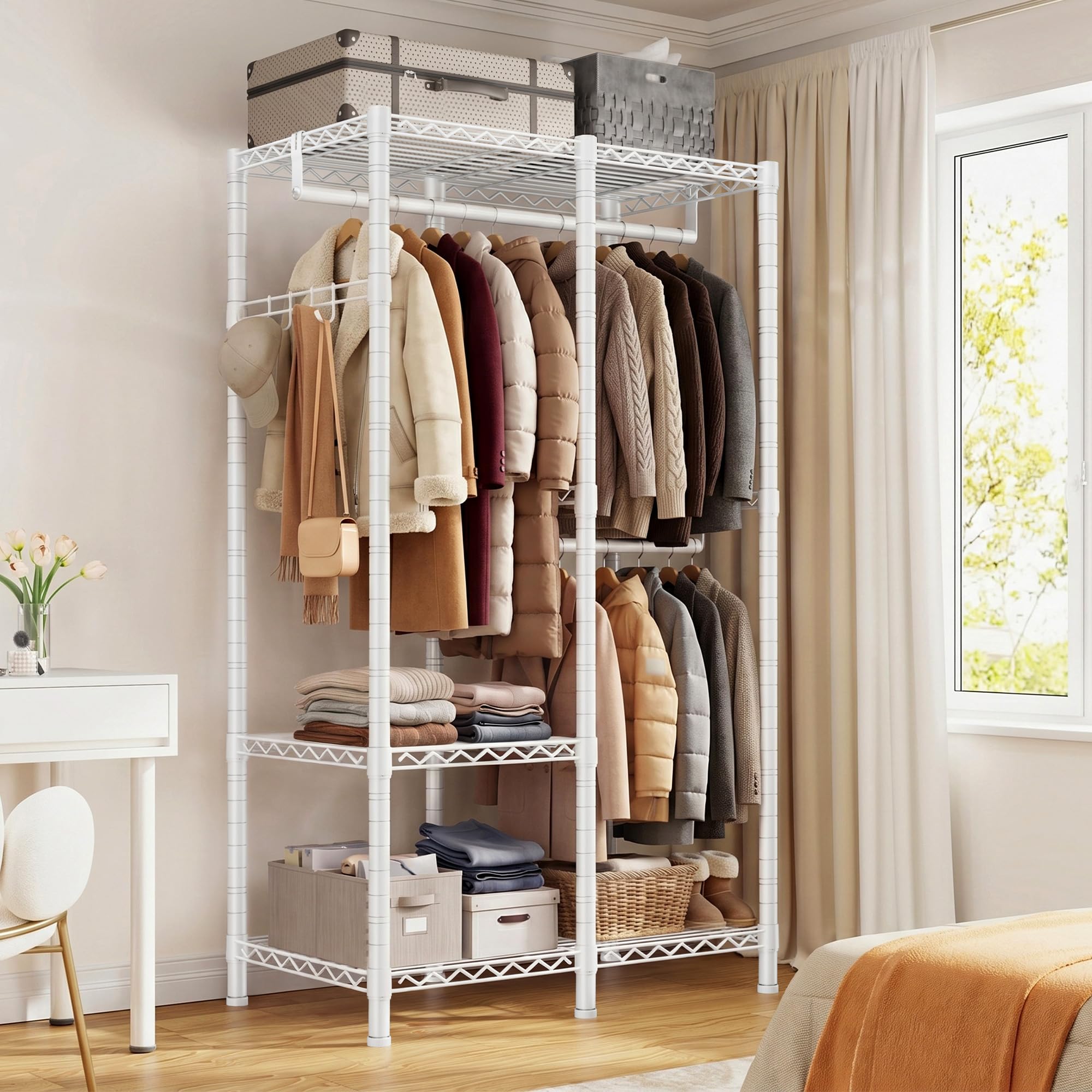 Portant à vêtements solide, Penderie Vêtement Dressing Chambre Adulte avec 3 étagères réglables en hauteur, 2 tringles à vêtements, 4 crochets, métal, 200 KG, 80x40x194,5 cm, pour entrée, Blanc