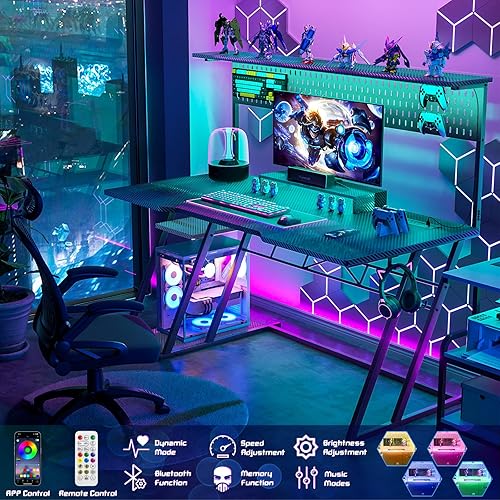 Miniatura 4 de Escritorio negro para juegos de 55 pulgadas con gabinete y luces LED, escritorio para computadora de juegos con estantes de almacenamiento y patas