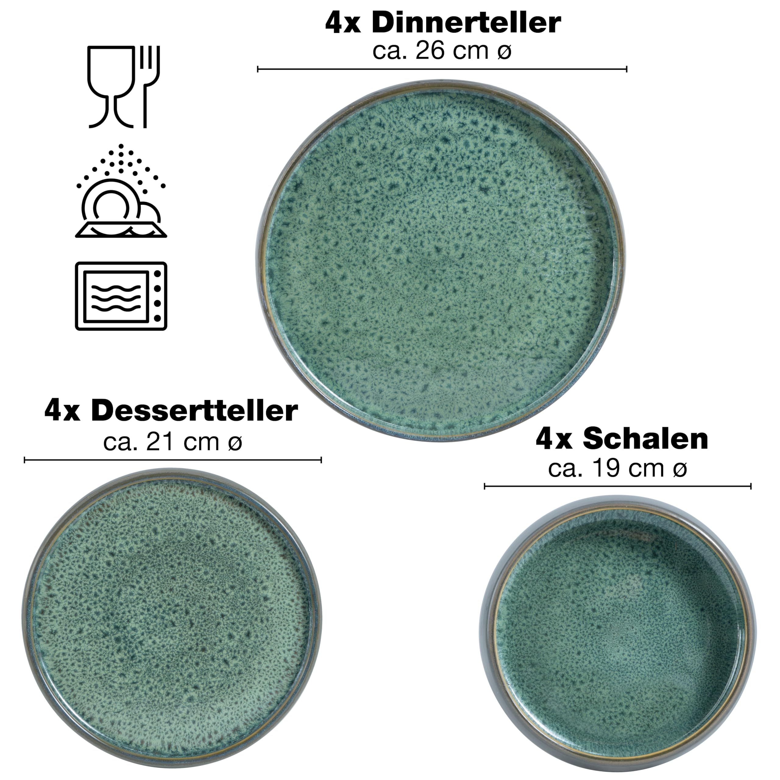 Moritz & Moritz SOLID Steinzeug Geschirrset 4 Personen, 12-tlg. Geschirr Set in Grün, Schüssel- und Teller Set aus besonders robustem Steinzeug, Kombiservice Tafelservice 4 Personen