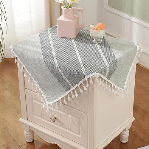 Miniatura 9 de Hpxrom Mantel redondo pequeño rústico con borlas de lino y algodón, color café claro, estilo bohemio, mantel de arpillera pesado para mesa de té,