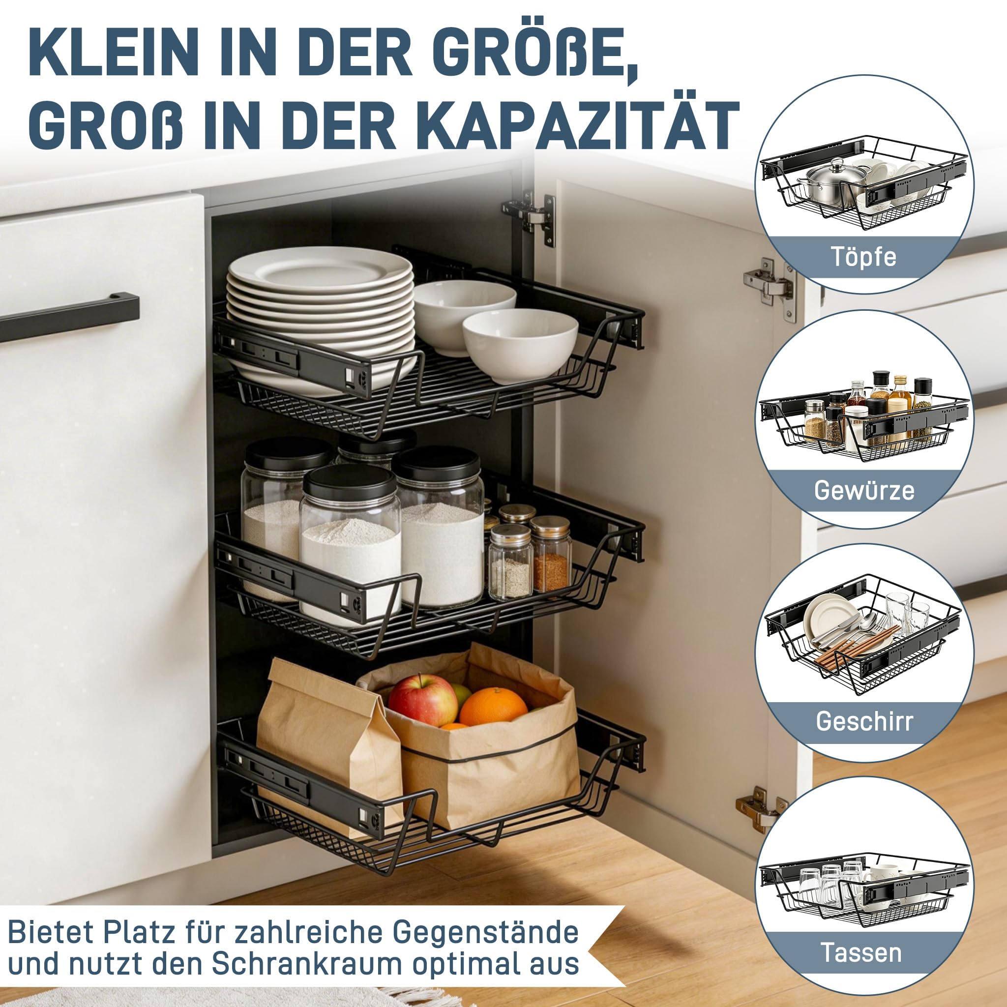 FIVMEN Ausziehbare Schublade Küche 2x 50cm Metall Teleskopschublade mit Schienen, Schublade Korbauszug Geräuscharm Küchen Organizer für Küche Badezimmer Abstellraum, Schwarz