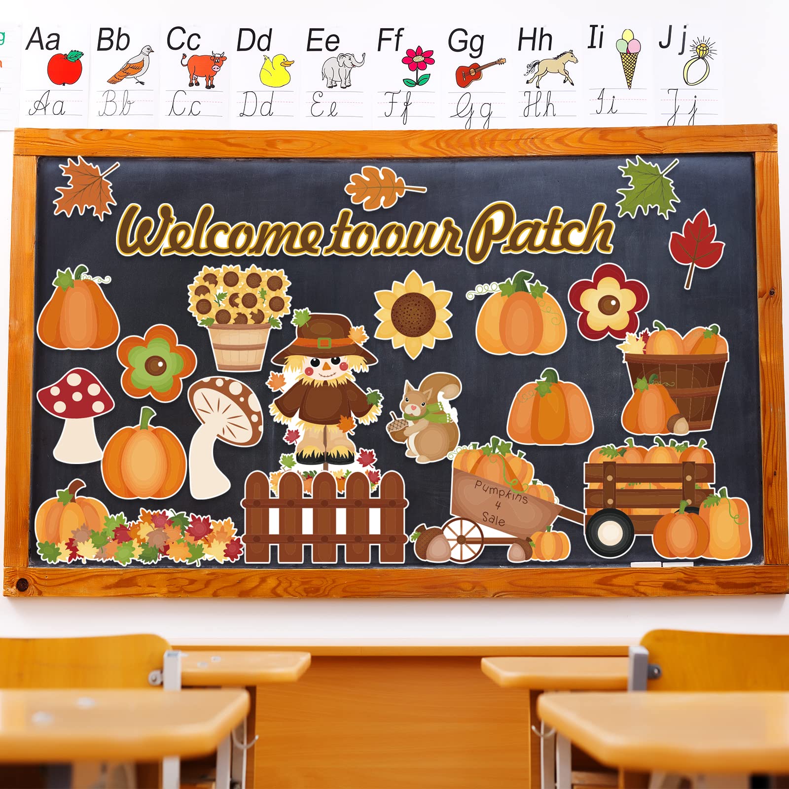 Photo 1 of 68 Pcs 3-10" Welcome to Our Patch Fall Bulletin Board Decorations Stylish Autumn Farm Cutouts Cute Pumpkin Wall Decals with Glue Point Dots for School Classroom Home Teacher Supplies