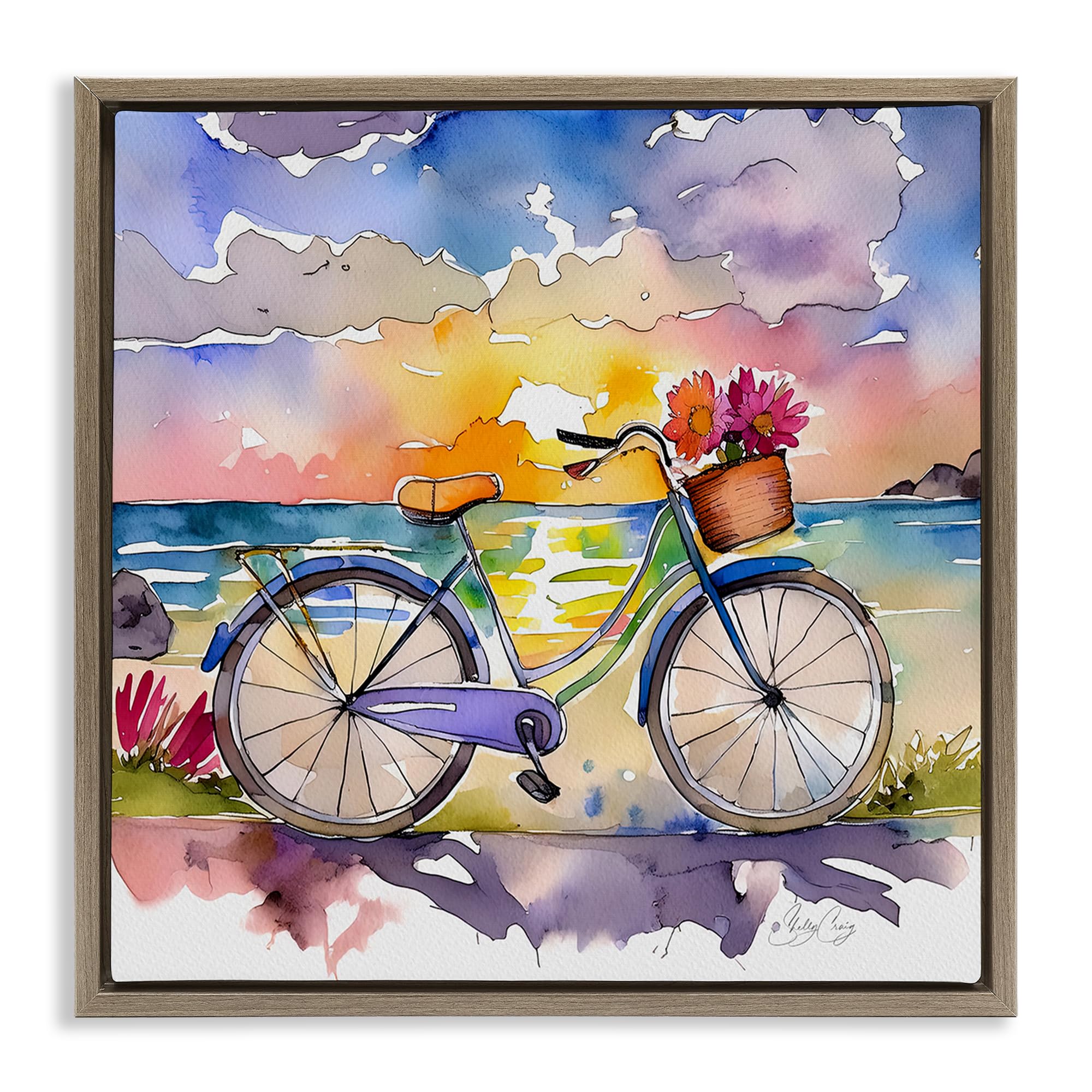 Stupell Industries 'Bicycle By The Seaside', Floating Frame Canvas Art, Brown, 18 x 18 Inches, Easy to Hang and Sturdy, Made in USA, by Shelly Craig