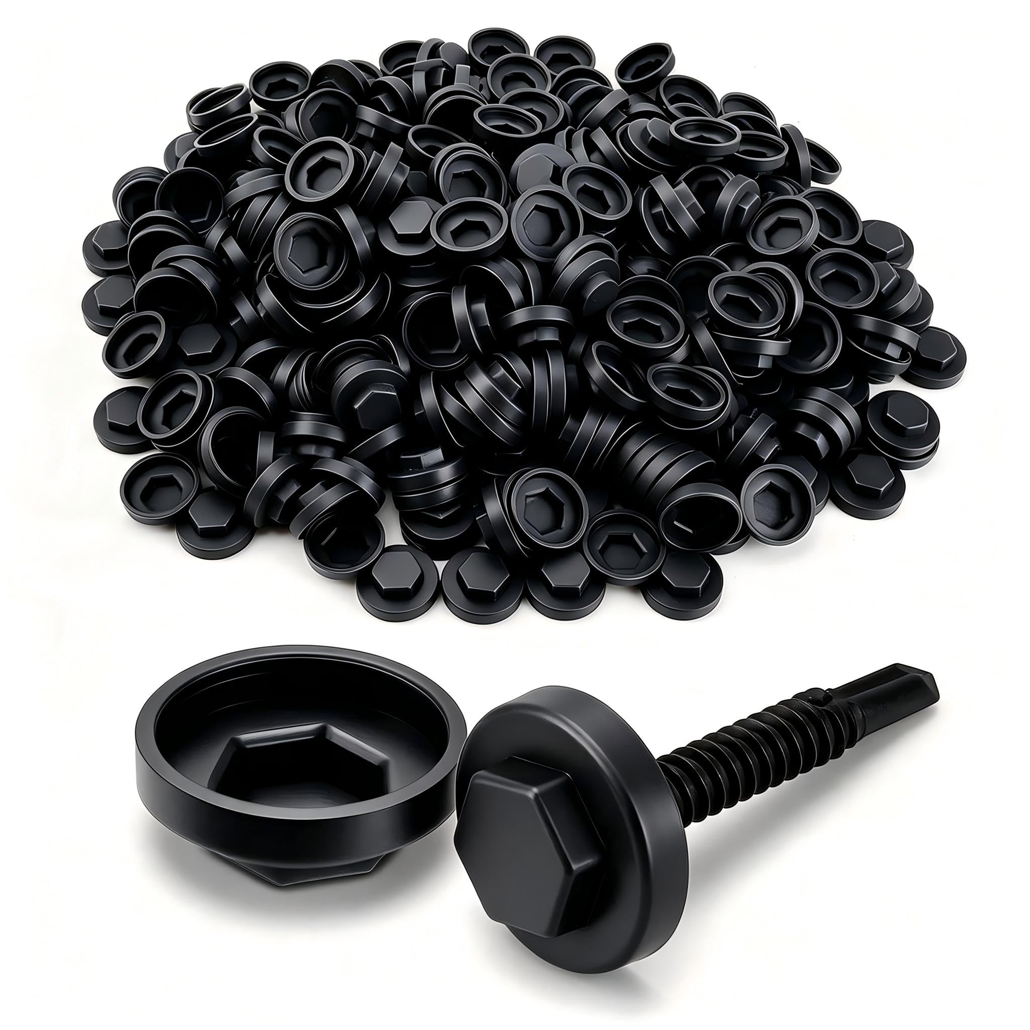 Roofing Screw Caps, Black Hex Head Screw Caps, M8 Hex Waterproof Plastic Cover Caps for Metal Roofing Cladding Fencing Furniture and DIY Projects, 16mm Coverage / 8mm Recess