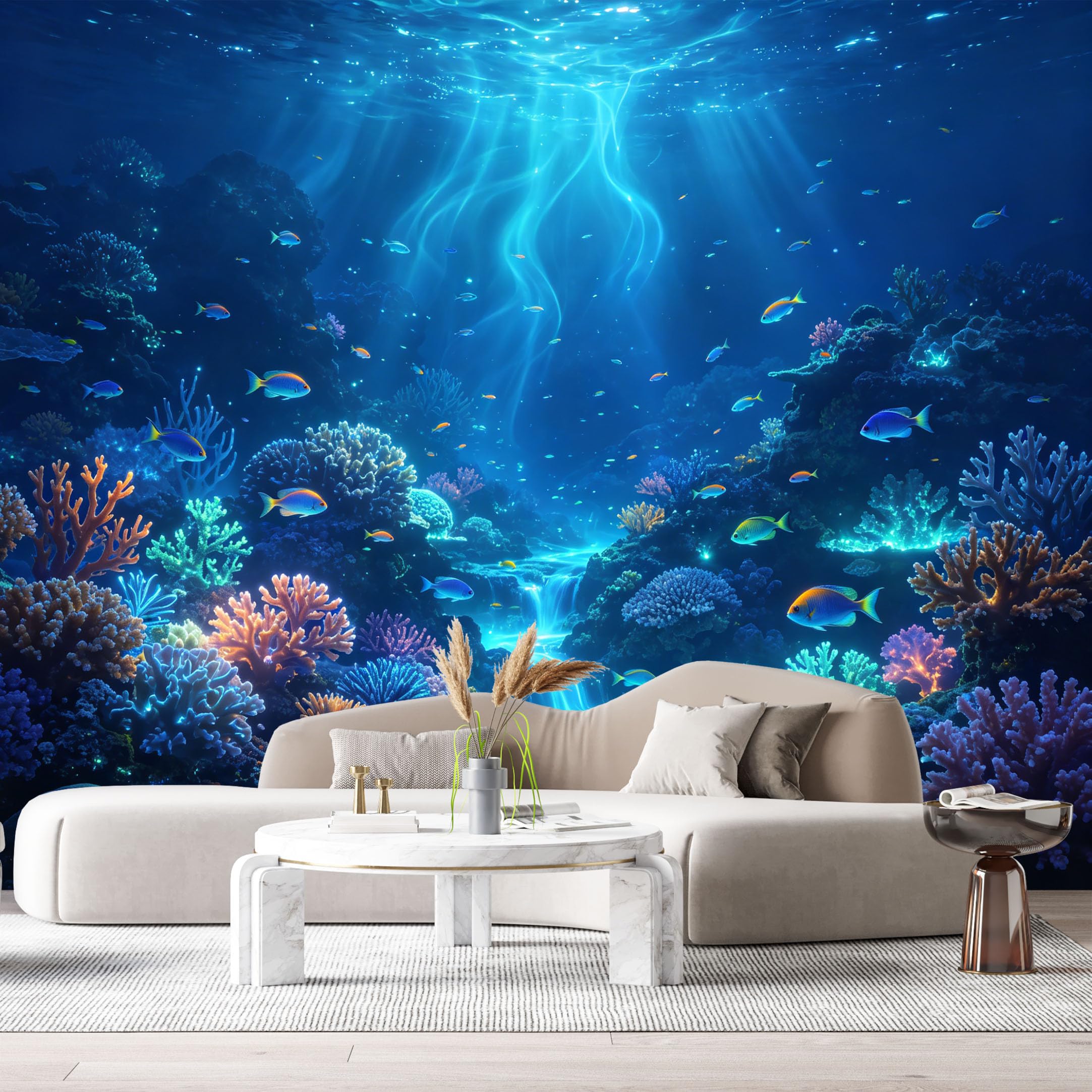 Custom Size Wall Murals Ocean Marine 3D Underwater Tropical Coral Reef Exotic Fish SelfAdhesiveWall Fabric Removable Wallpaper Wall Decor for Living Room Bedroom Bathroom