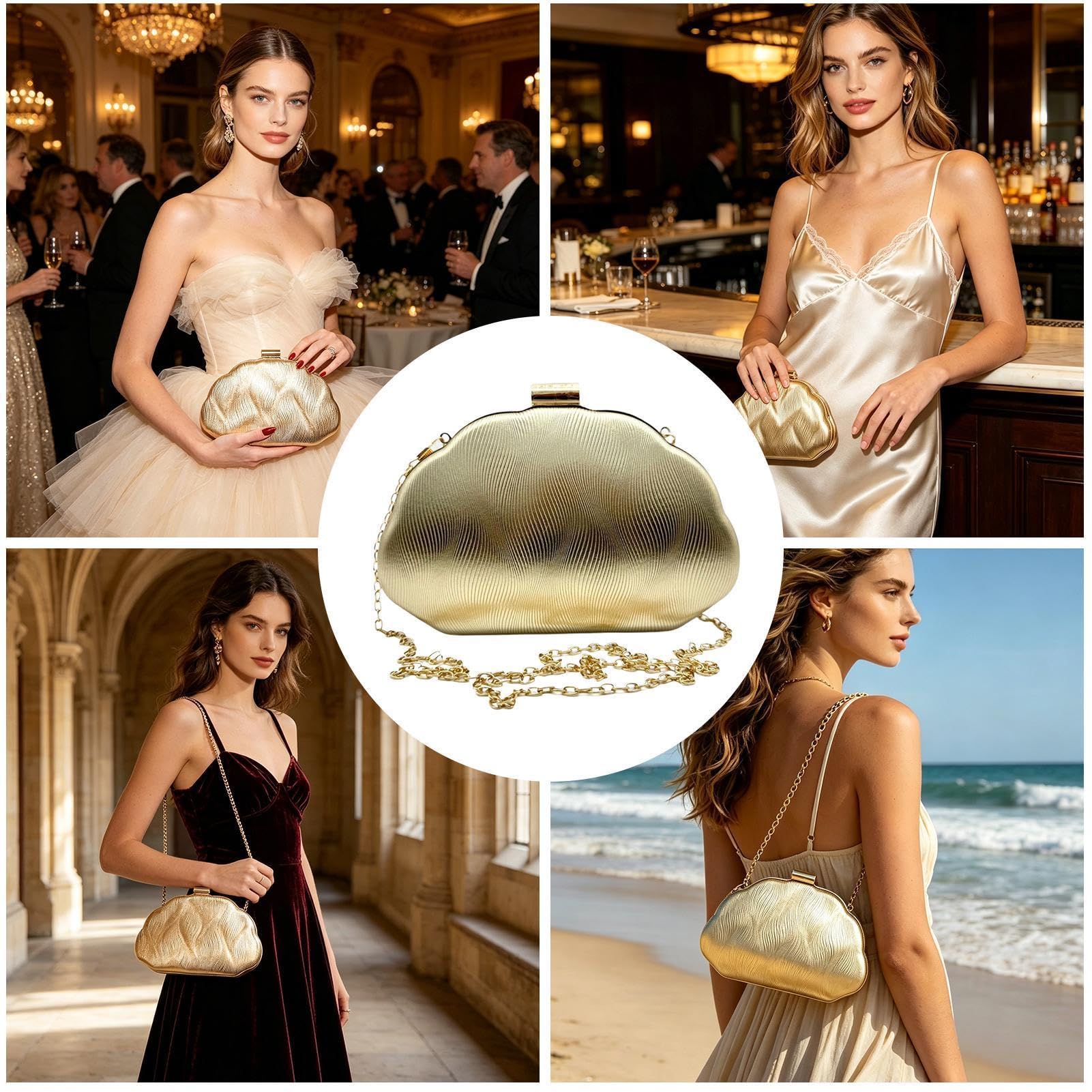 Clutch Dorado De Noche Para Mujer Elegante,Correa De Cadena En Piel Sintética Dorada Moderna | Bolsos para cóctel, boda y graduación,, uso diario, eventos formales y ocasiones casuales elegantes