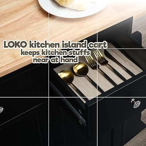 Miniatura 5 de LOKO Kitchen Island, carrito de almacenamiento de cocina con 3 niveles para especias y toallero, carrito de microondas con ruedas y mesa de madera