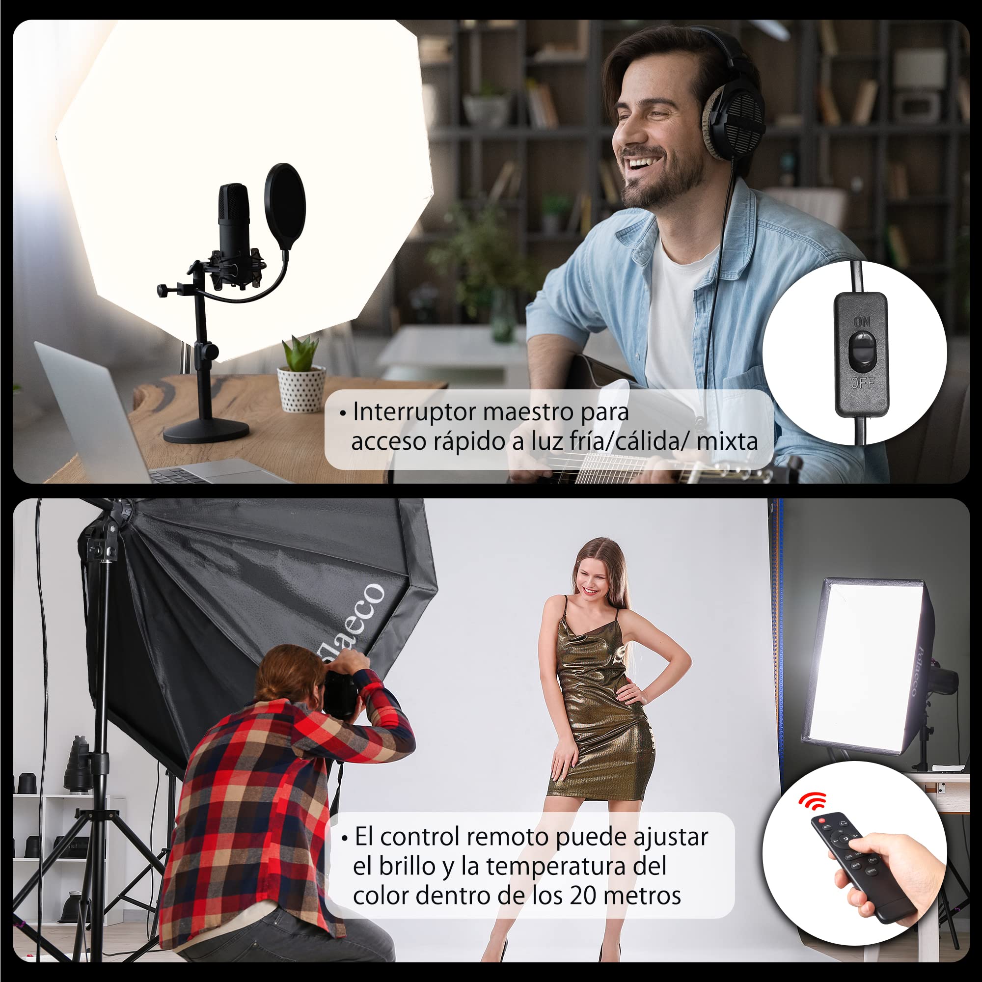 Equipo de Iluminación Estudio Fotografía Kit de 2 Softbox Octogonal Bicolor 3000~6500K con Bombilla LED 150W Control Remoto y Soporte de Luz Ajustable para Retrato Vídeos Transmisión en Vivo