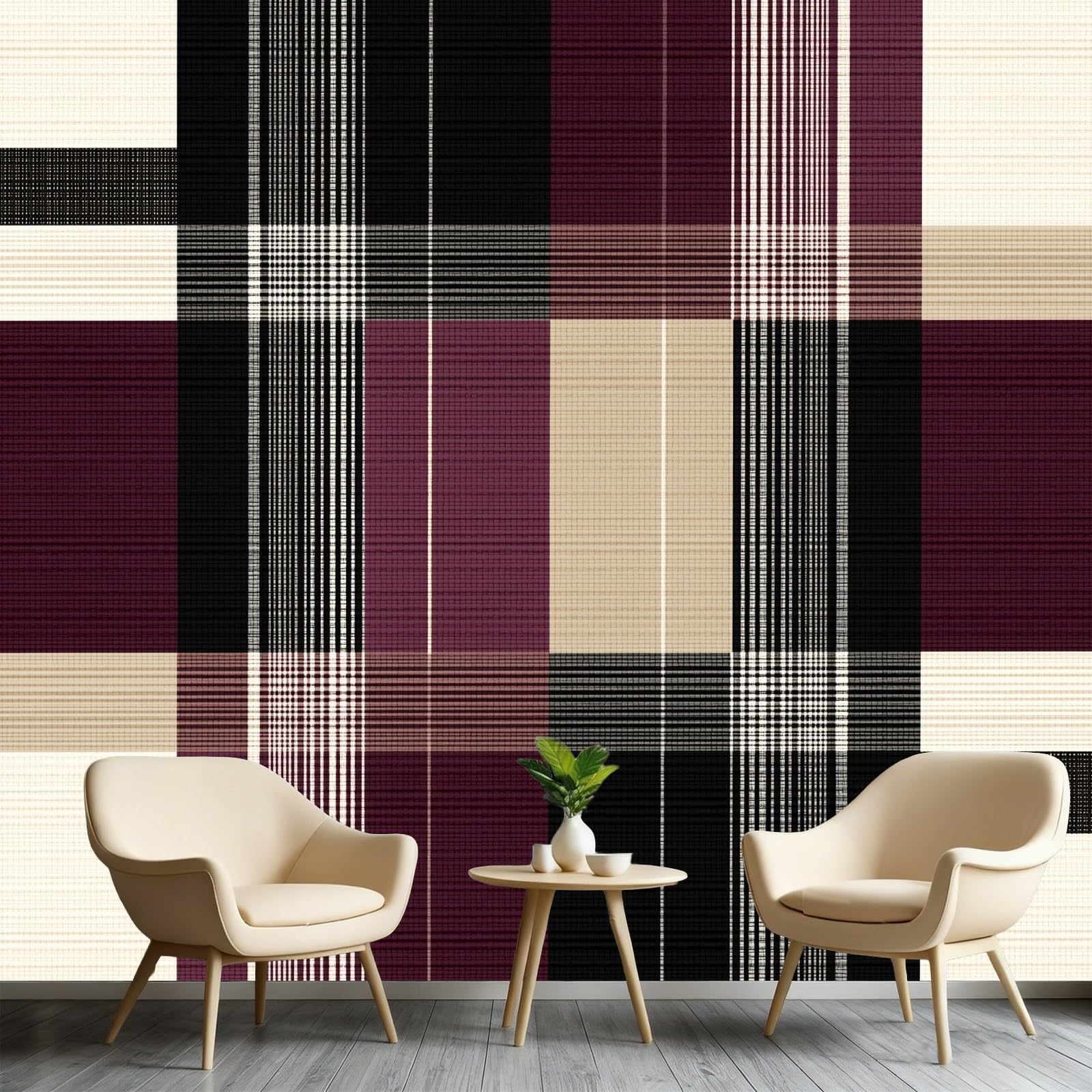 Plaid Wallpaper, Checkered Wall Mural, Geometric Wallpapers, Easy to Install Waterproof Full HD Non Woven Wallpaper for TV Background Wall Bedroom, Burgundy Black Beige 500 x 300 cm &Q5579