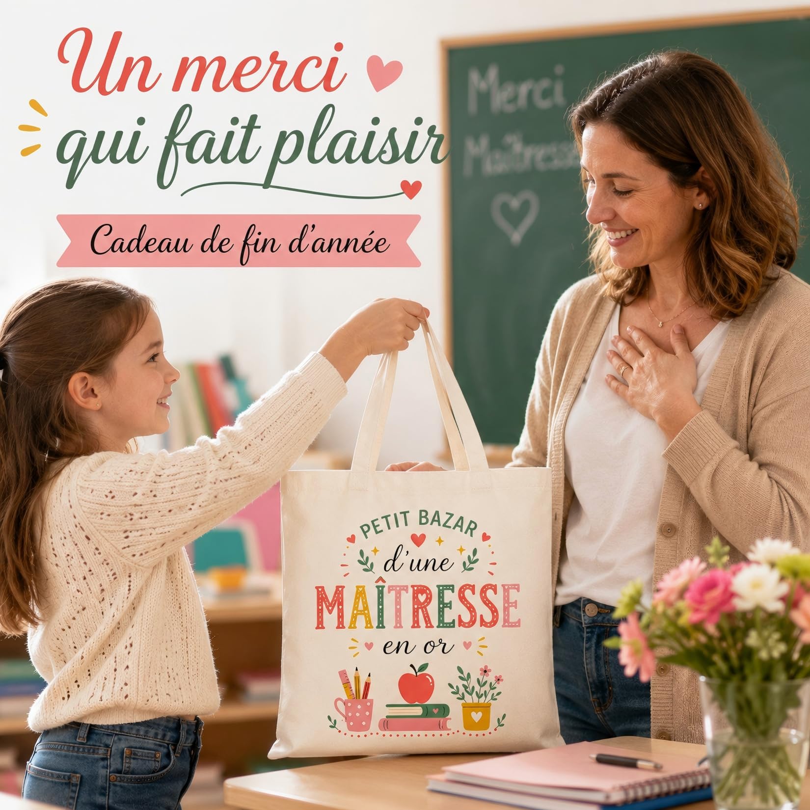 Tote Bag Cadeau Maîtresse d'École, Idée Cadeau Maîtresse Original, Joyeux Noël à la Maîtresse, Sac Cabas Cadeau Fin d'Année et Noël