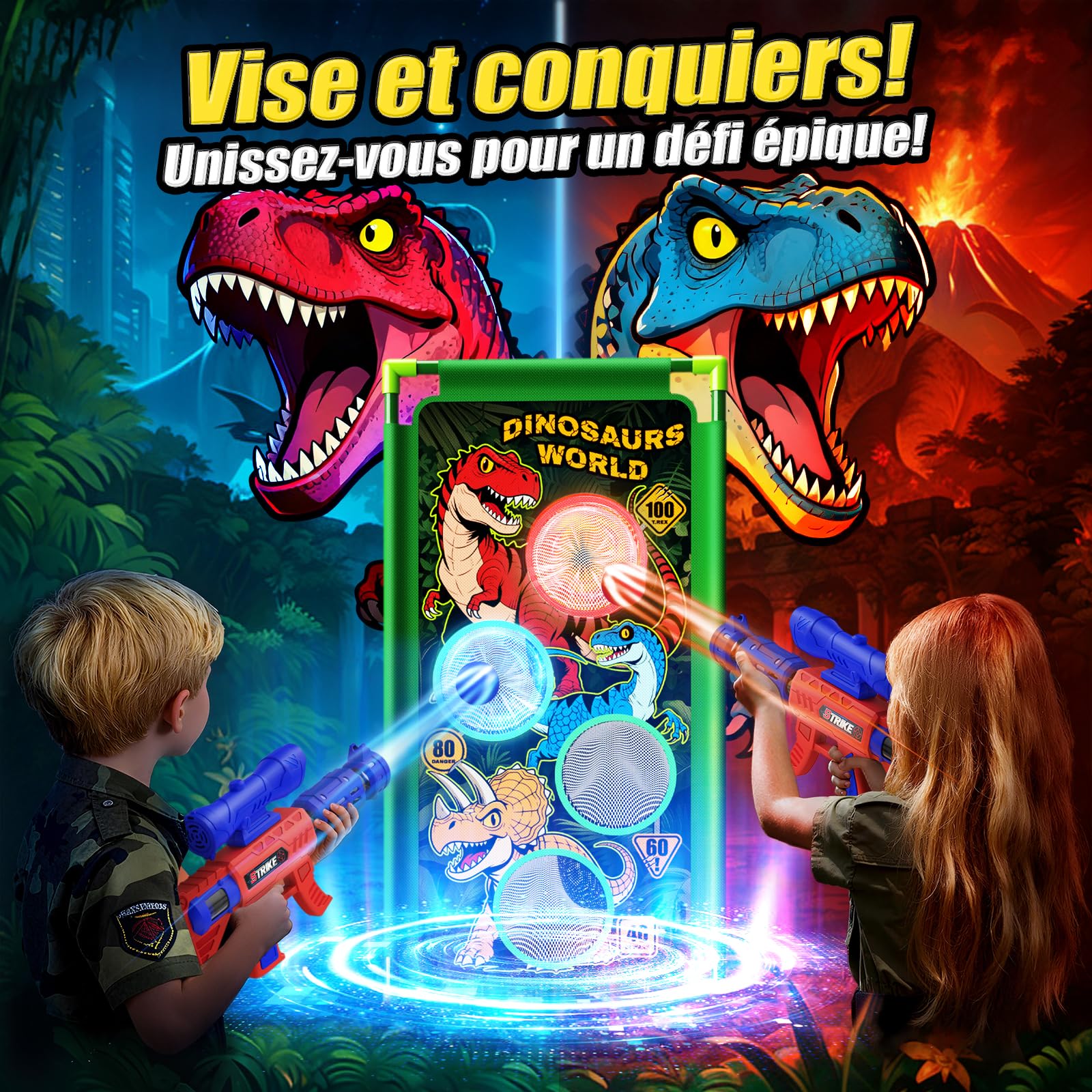 Dinosaure Jouet Enfant 3-12 Ans, Jeu Enfant 3 4 5 6 7 8+ Ans Jouet Garcon 3-12 Ans Dinosaure Cadeaux Jeu de Tir 2 Blasters à Air avec Visée, 4 Cibles à Points, 24 Balles Mousse Jeux Cadeau de Pâques