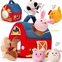 hahaland Farm Animals Plush Toys 6-12 Months: Sensory Barn with Rattle, Crinkle, Mirror - Montessori Baby Gifts Easter Basket Stuffers