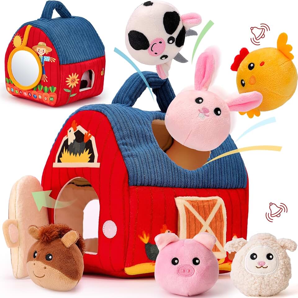 hahaland Baby Toys 6-12 Months - Surprise Barn Stuffed Farm Animals, Rattle, Crinkle, Mirror, Montessori Toys for 6 Month Old Sensory Balls 1-3, Baby Boy Gifts, Farm Plush Toys for Babies Travel Toy Global Recycled Standard