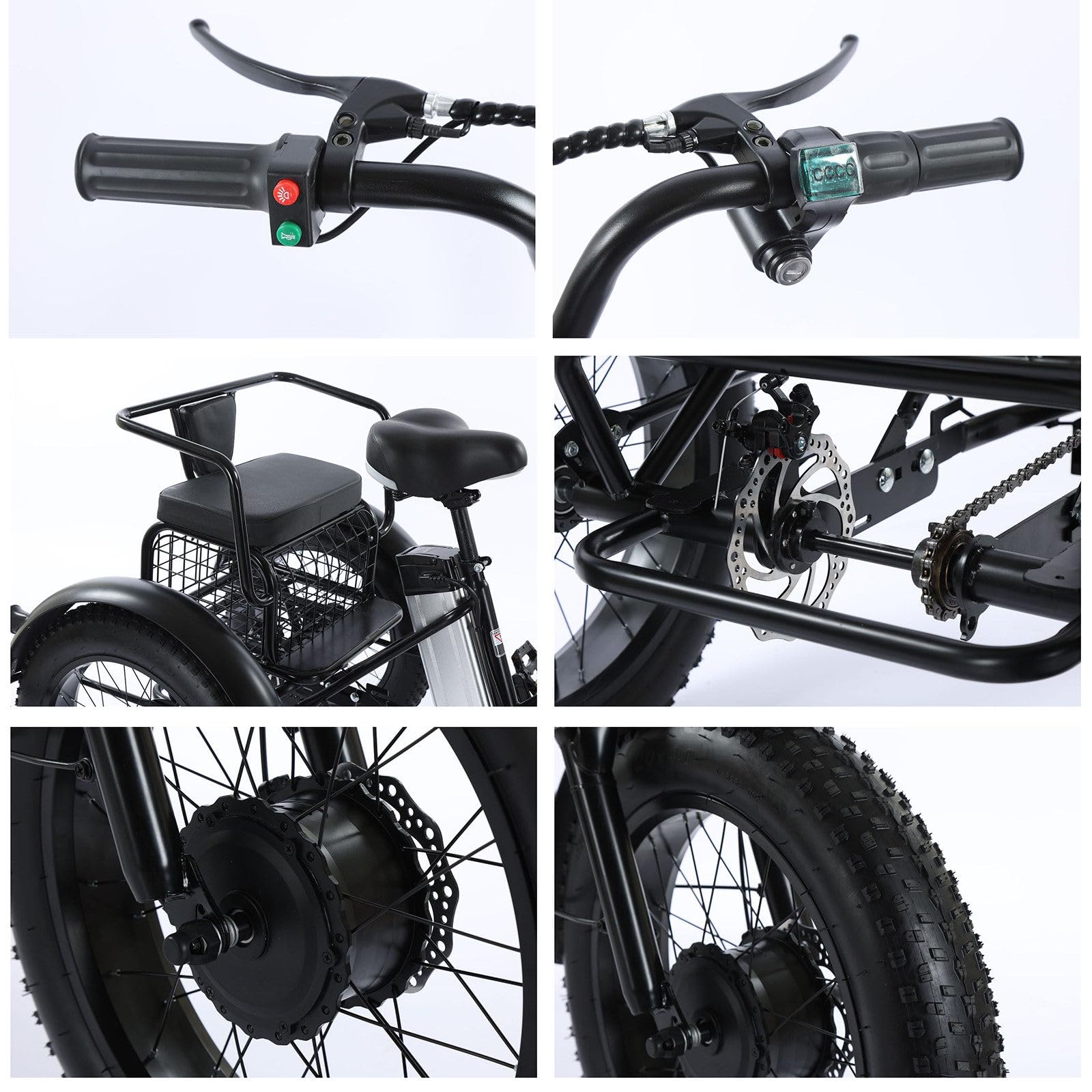 Triciclo Eléctrico Para Adultos,Con Neumáticos Anchos Todoterreno De 20" X 4.0,Cesta De La Compra Y Asiento Trasero,Batería Extraíble De 48v/12ah,Carga 200 Kg,Ideal Para Ir De Compras, Pícnics