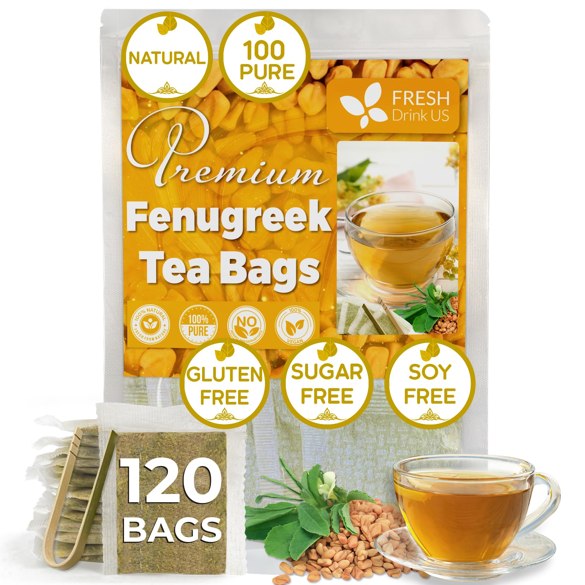 FRESHDRINKUSPremium 120 Fenugreek Tea Bags, 100% Natural & Pure from Fenugreek. Fenugreek Herbal Tea. Made with Natural Material Tea Bags. No Sugar, No Caffeine, No Gluten, Vegan.