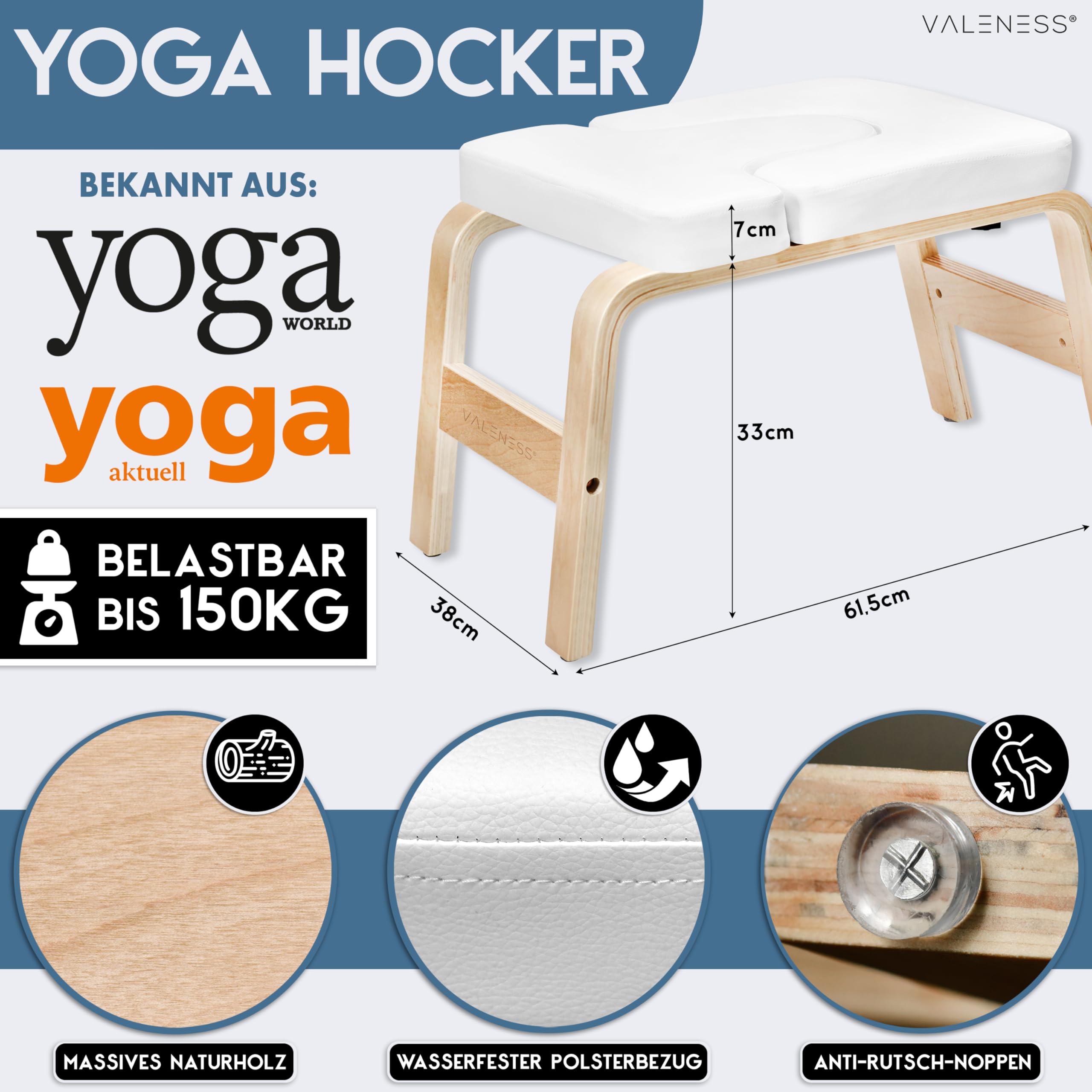 VALENESS® Yoga Kopfstandhocker - Hochwertiger Yoga Hocker inkl. Yogagurt, Yogablock & Übungsposter - Yoga Stuhl zur Handstand-Übung aus massivem Naturholz - Yoga Ausrüstung für Zuhause… (weiß)