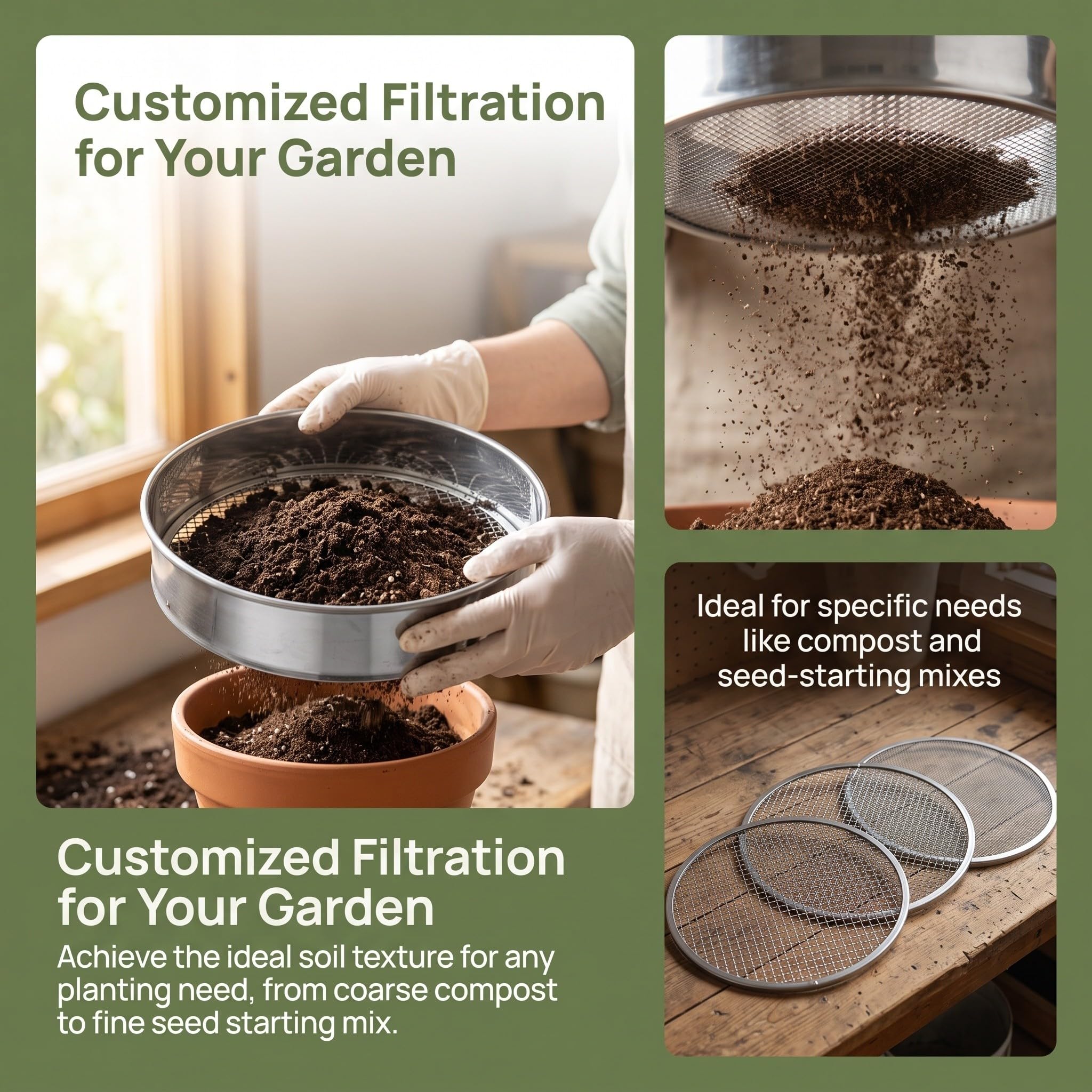 Lurrose 1 Set Setaccio per terriccio da giardino, setaccio da giardino in acciaio inox con rete di ricambio da 3, 6, 9, 12 mm per setacciare terriccio, sabbia, ghiaia e terra.