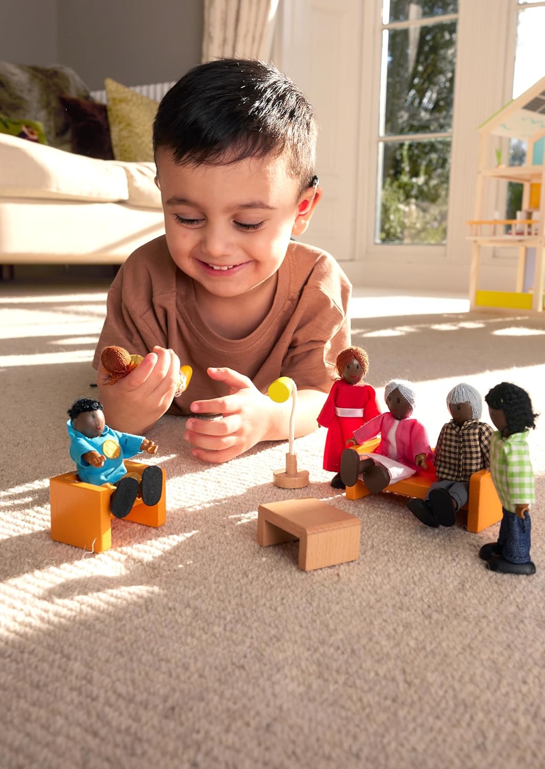 Hape African American Wooden Doll House Family| Dollhouse People Set of 6 Action Figure Set| Wire Adults: 4.3" H; Kids: 3.5" H