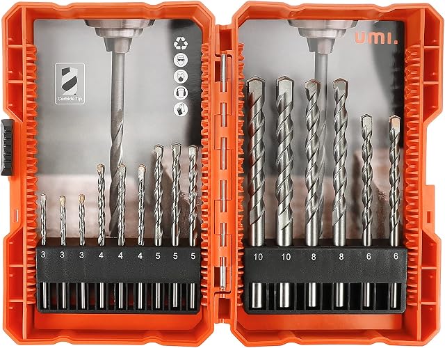 Amazon Brand Umi 15-Piece Masonry Drill Set 3,4,5,6,8,10mm, YG8C Carbide Drills for Masonry, Brick, Cement, Impact Drill Accessories with Storage Case