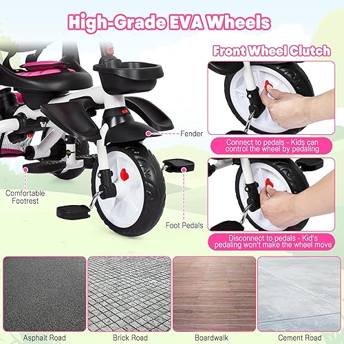 Miniatura 6 de GAOMON Triciclo para bebé, bicicleta plegable 7 en 1 con mango de empuje ajustable extraíble, toldo, asiento giratorio, arnés de seguridad,