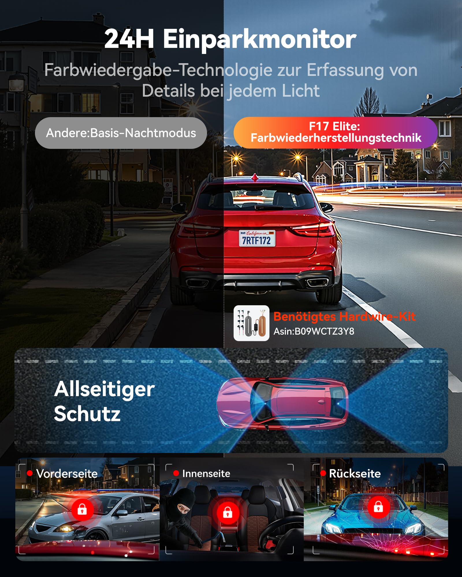REDTIGER F17 Elite 4K 3 Kanal Dashcam Auto, STARVIS 2 IMX678 & IMX 675, 128GB Karte, Full Night Color, 4K+2.5K+1080P Vorne und Hinten Innen, Sprachsteuerung, 5GHz WiFi 6, GPS, HDR, Parkmodus