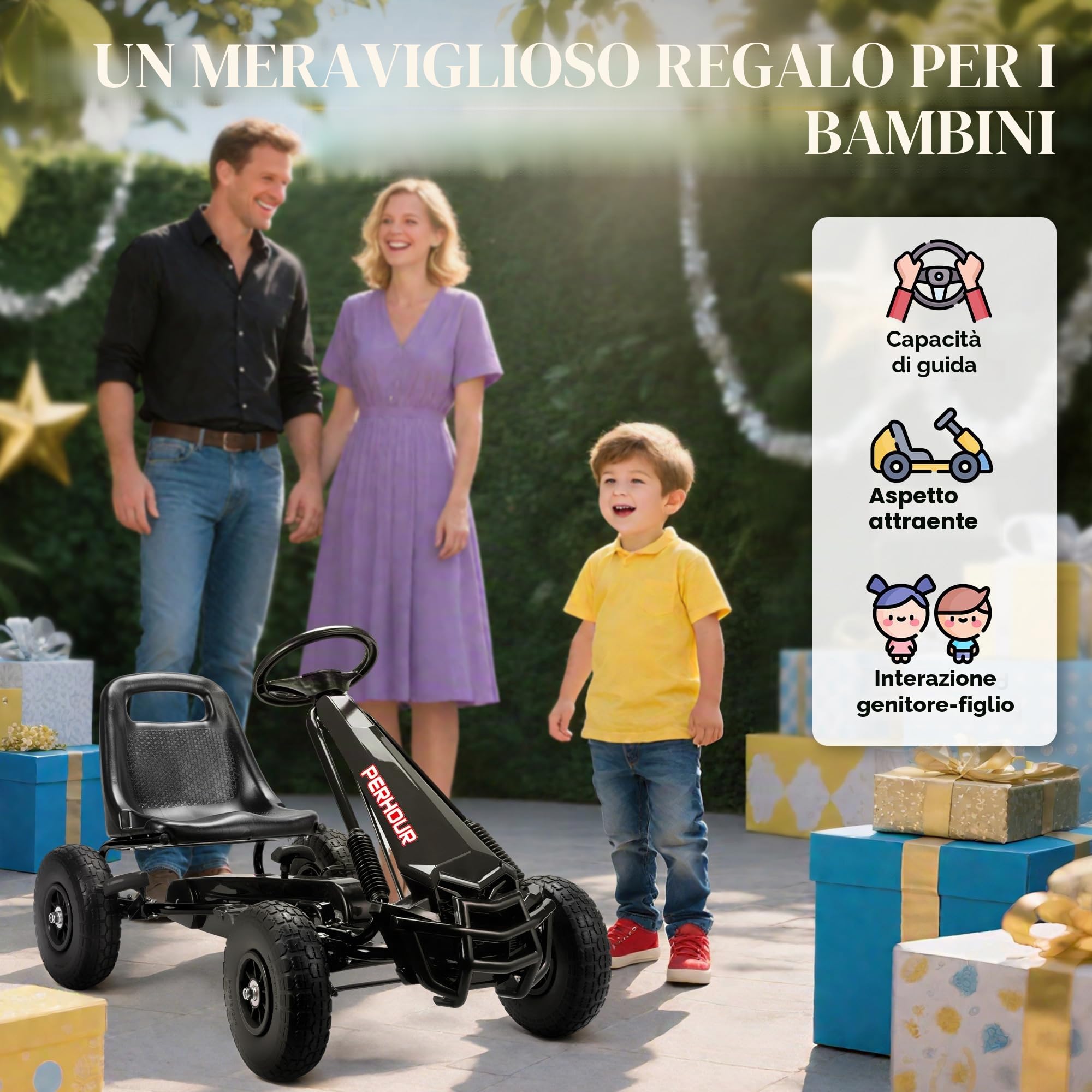 AIYAPLAY Go-Kart a pedali per bambini, con sedile regolabile, pneumatici EVA, frizione e freno manuali, veicolo a pedali per bambini e bambine dai 3 agli 8 anni, nero
